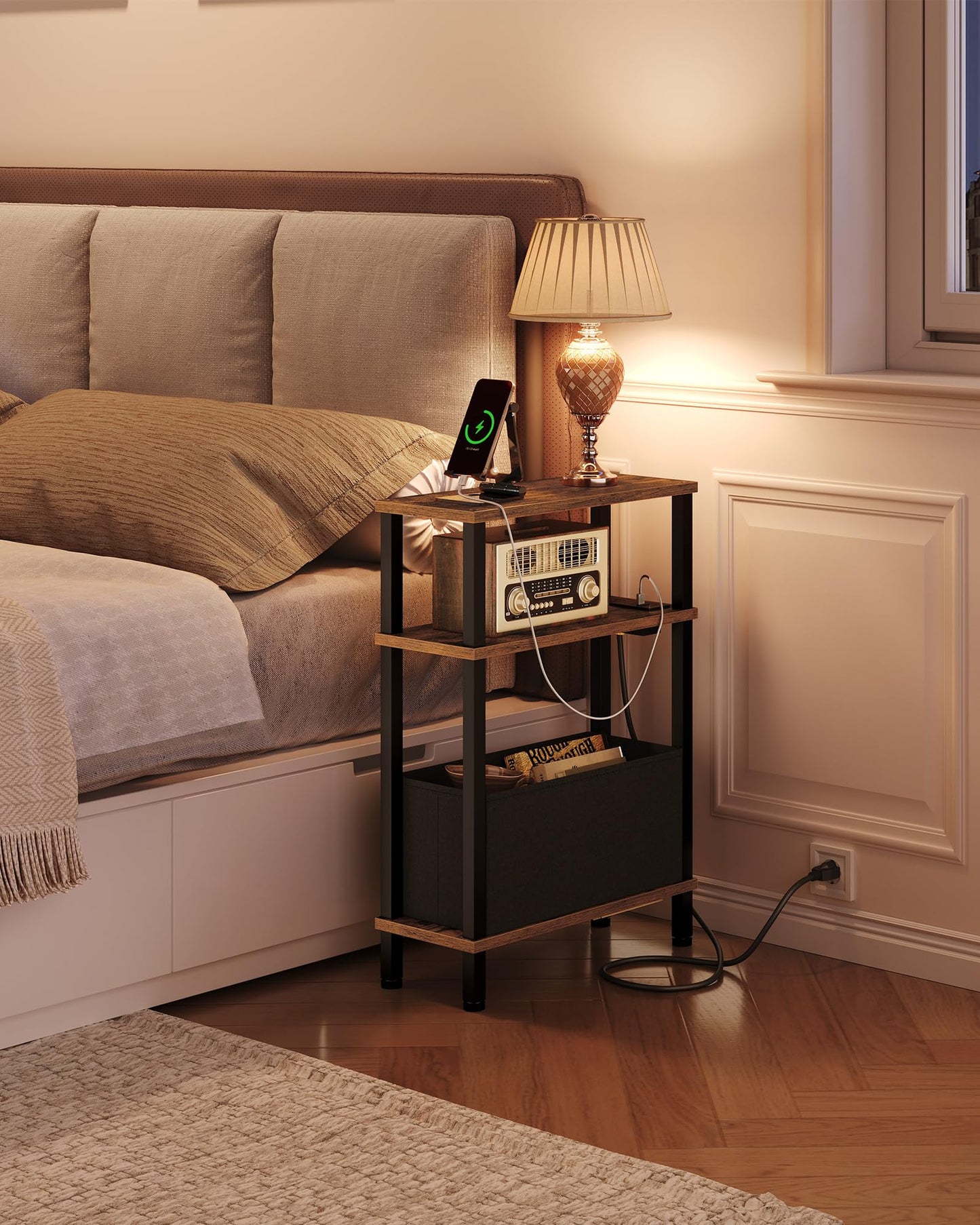 CHOEZON Narrow Side Table with Charging Station, Small End Table with Fabric Basket, Slim Nightstand for Small Spaces, Skinny Side Table, for Living Room, Bedroom, Rustic Brown and Black TBZ07UBF