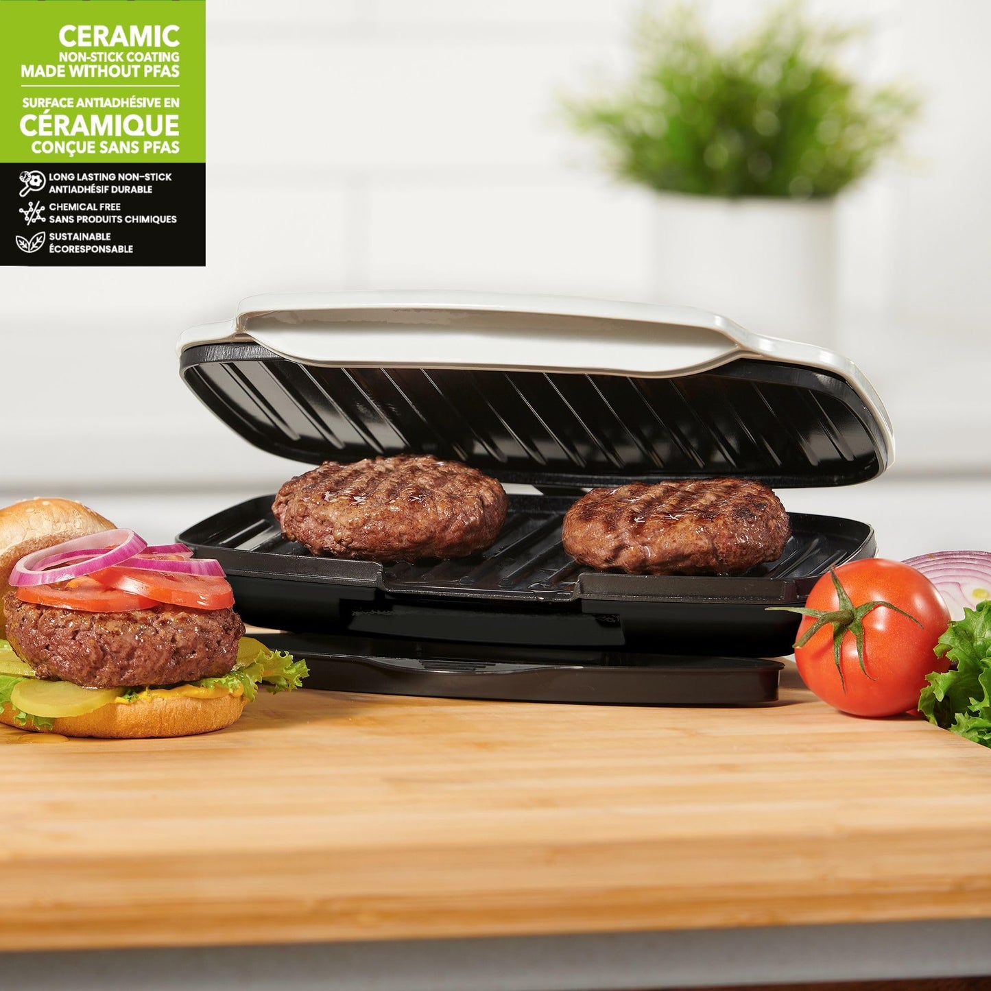 Starfrit Grill And Panini Press With Ceramic Coating - Non-Stick Coating - PFAS-Free - Removable Fat And Oil Collection - White