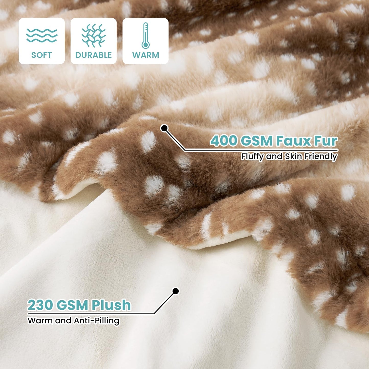 COZY KISS Christmas Deer Print Blanket, Waterproof Pet Blanket, Woman Sofa Bed Couch Faux Fur Throw, Liquid Pee Proof for Large Dog or Cat, Reversible, Washable, Ultra Soft, 127x152cm, Brown