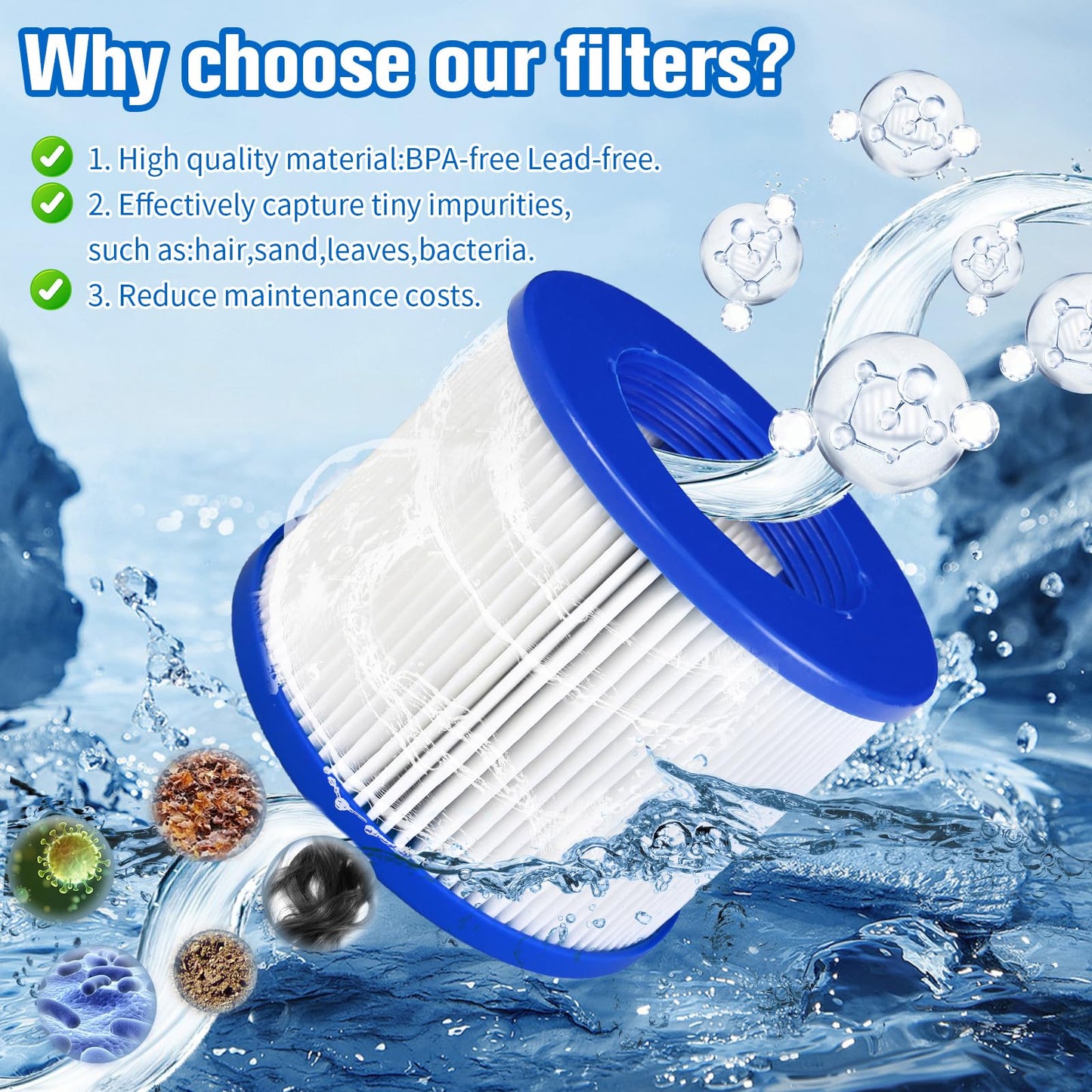 Screw-in Hot Tub Filter Cartridges Replacement for All RELXTIME, ALEKO, Wejoy, Aquaspa Spa,Clever Spa Filter,Threaded Filter for Inflatable Hot Tubs & Massage Pools (12 Pcs)