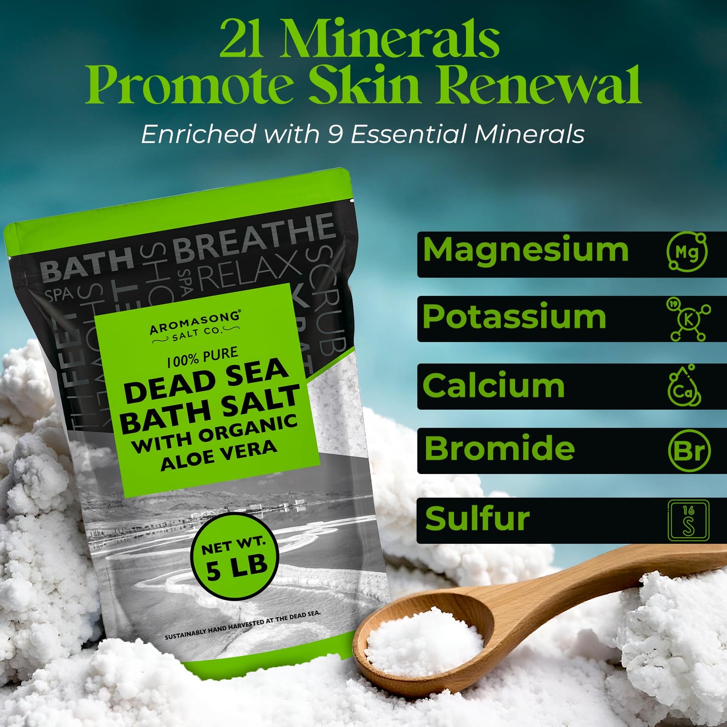 Aromasong Dead Sea Salt with Organic Aloe Vera, 5 Lbs Fine Grain Large Bulk resealable Pack, 100% Pure & Natural, Used for Body wash Scrub, Soak for Women & Men for Tired Muscles & Skin Issues.