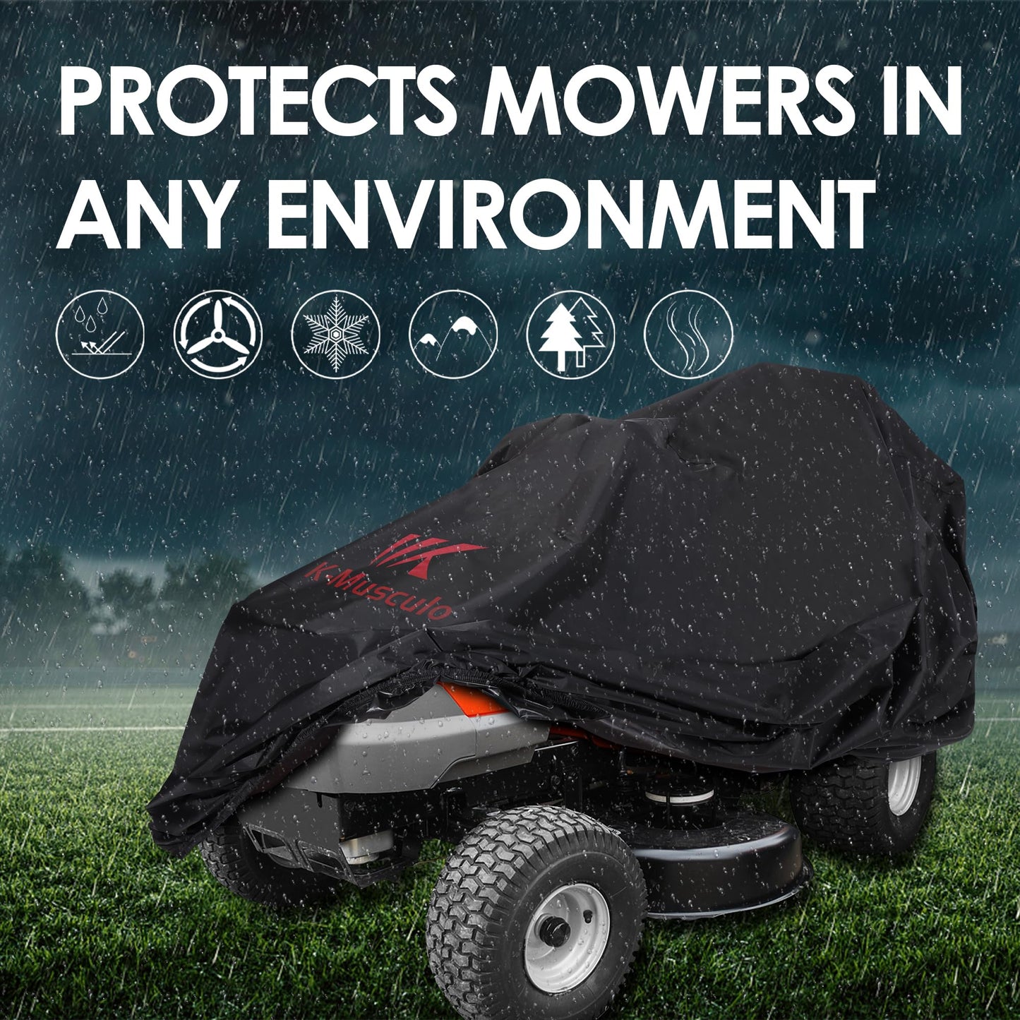K-Musuclo Riding Lawn Mower Cover, Outdoors Tractor Cover Heavy Duty 420D PU Coating, Waterproof Strip With Drawstring & Cover Storage Bag（72"L X 54"W X 46"H）