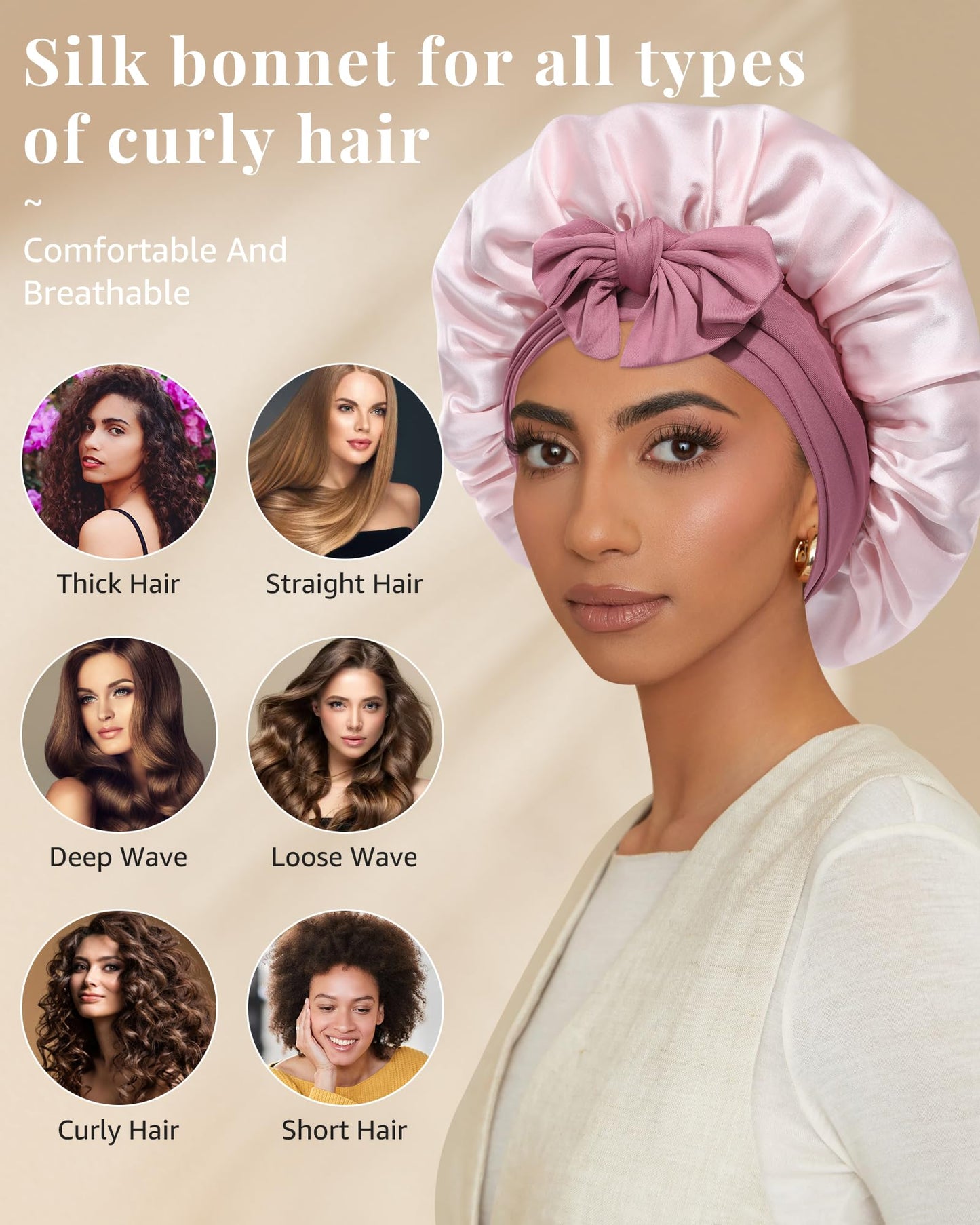 AWAYTR Silk Bonnet for Sleeping Women - 100% Mulberry Silk Bonnet with Band 2 Layer Reversible Hair Bonnet Sleeping Hair Wrap (Dust rose/Pink)