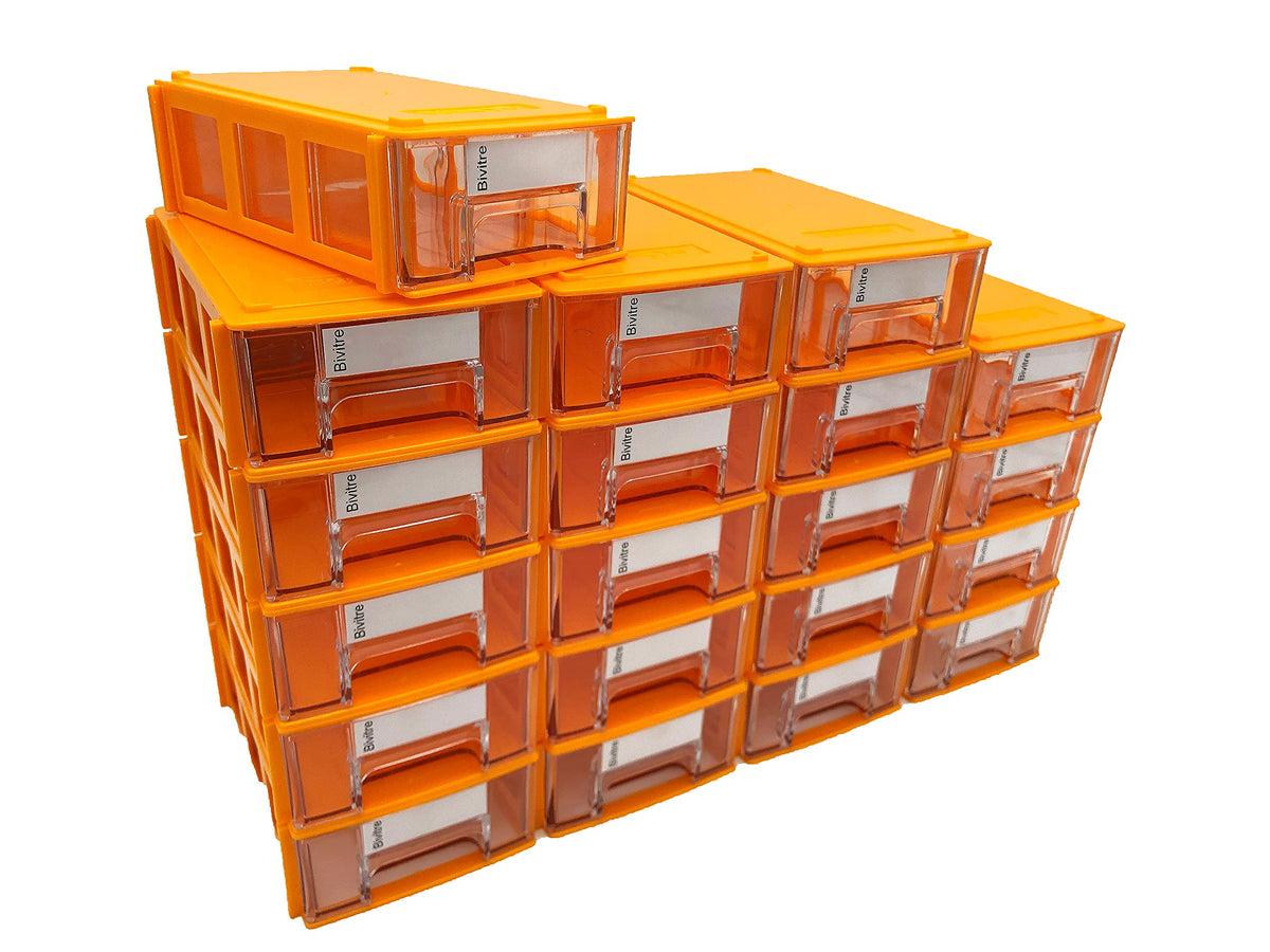Stackable Storage Drawer Set of 20 - Plastic Drawers with Dividers and Paper Labels, Mini Drawer Organizer (ORANGE)