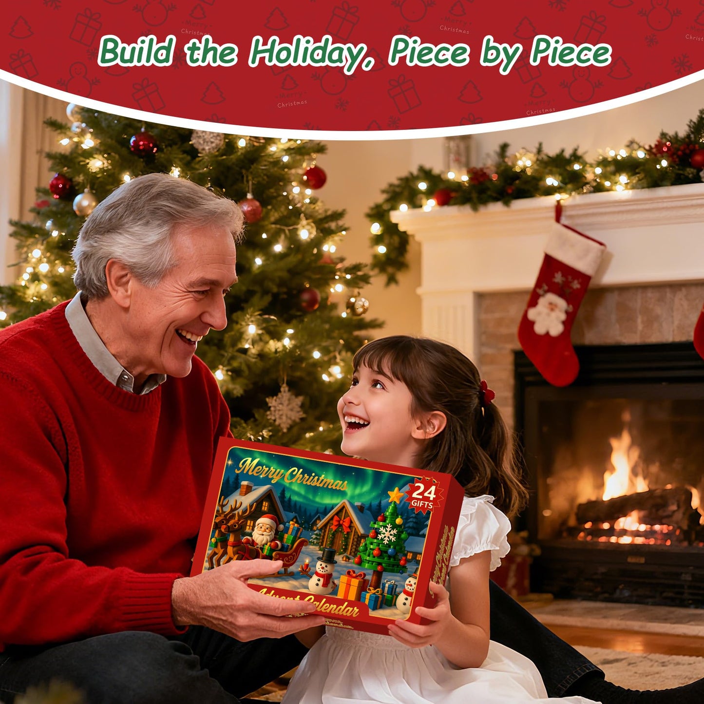 Christmas Tree Advent Calendar 2025, 24 Day Countdown Building Blocks Set with Santa Sleigh Reindeer, Xmas Holiday Decorations Gift for Kids Teen Girls Boys