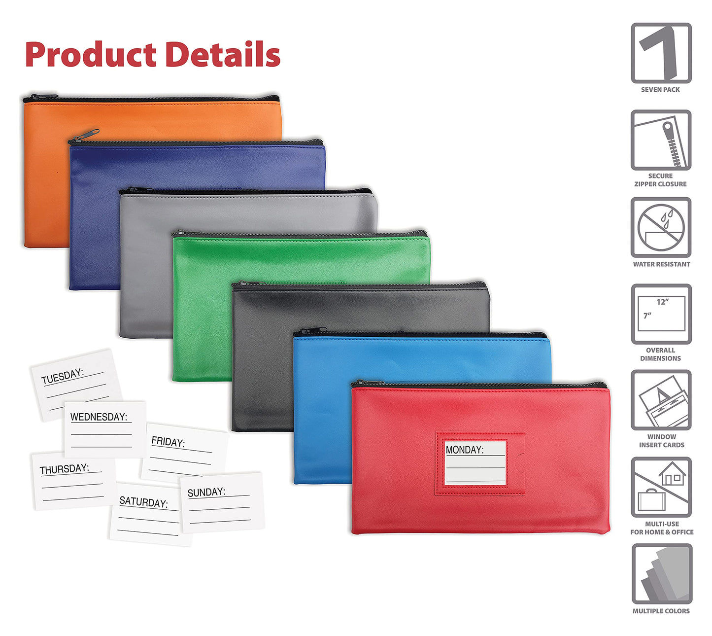 7 Pack, 7 Days Zipper Security Bank Deposit Bag, Clear Window & 14 Insert Cards (Mon - Sun + Blank), by Better Office Products, Leatherette, 11.25" x 6.25", Cash Bag, Utility Pouch, Assorted 7 Colors