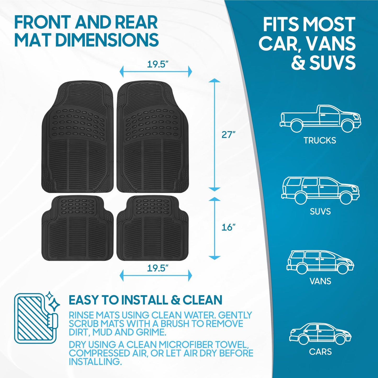 BDK All Weather Rubber Floor Mats for Car SUV & Truck - 4 Pieces Set (Front & Rear), Trimmable, Heavy Duty Protection (Black)