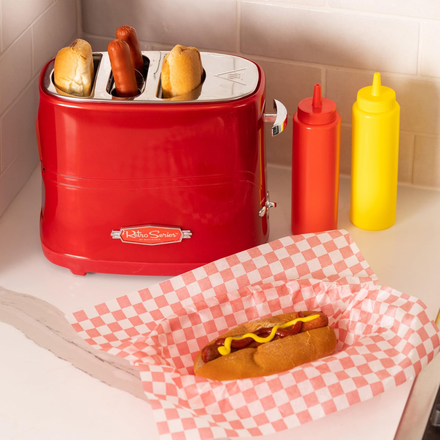Nostalgia 2 Slot Hot Dog and Bun Toaster with Mini Tongs, Hot Dog Toaster Works with Chicken, Turkey, Veggie Links, Sausages and Brats, Retro Red