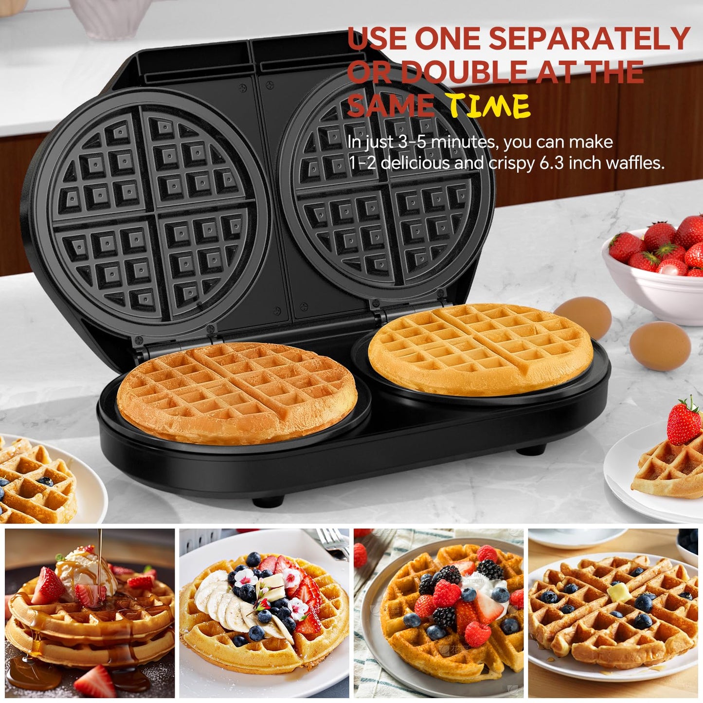 Double Waffle Maker, Belgian Waffle Maker, 6.5 Inch Waffle Iron with 2 Independent Adjustable Temp Knobs & Indicator Lights, Easy-Clean Nonstick Plates, Stainless Steel, Black