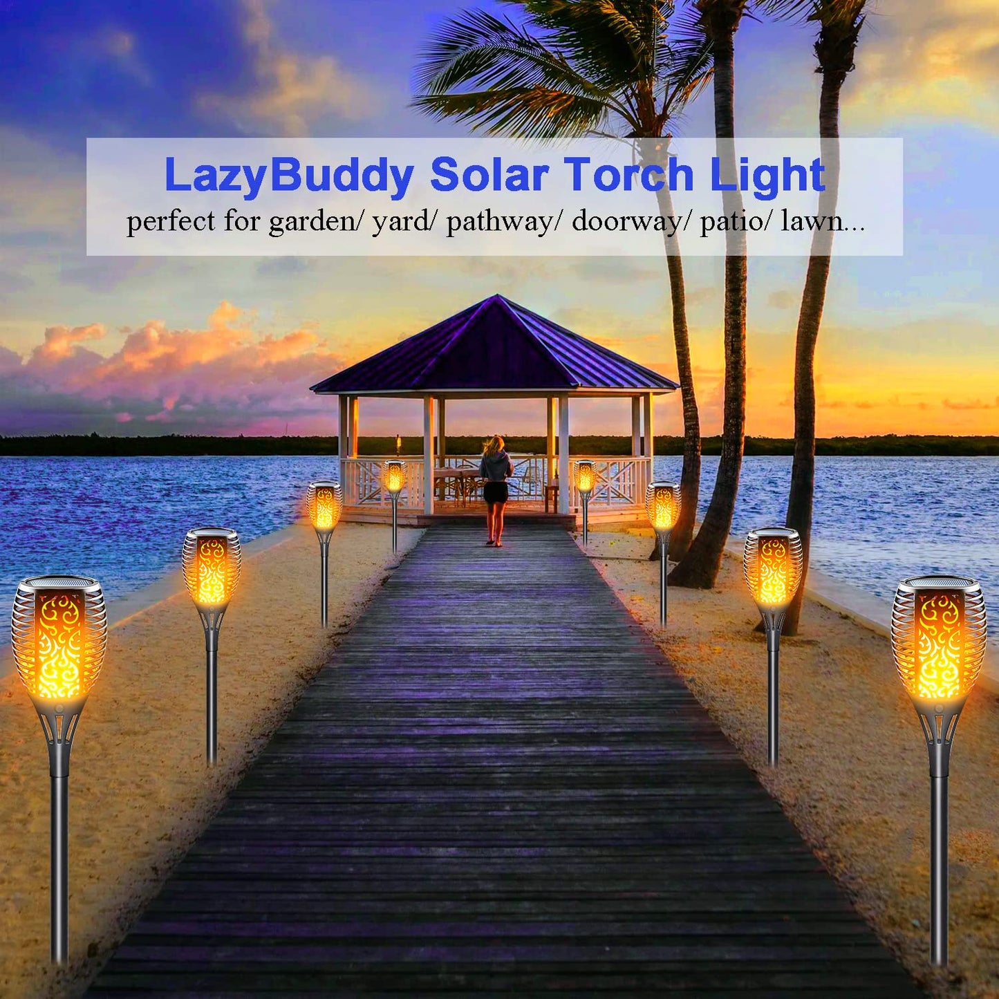 LazyBuddy Solar Torch Lights Outdoor, Large Solar Tiki Torches with Flickering Dancing Flame, IP65 Waterproof Halloween Decoration for Canadian Garden/Patio/Pathway, Auto On/Off (4 Pack)