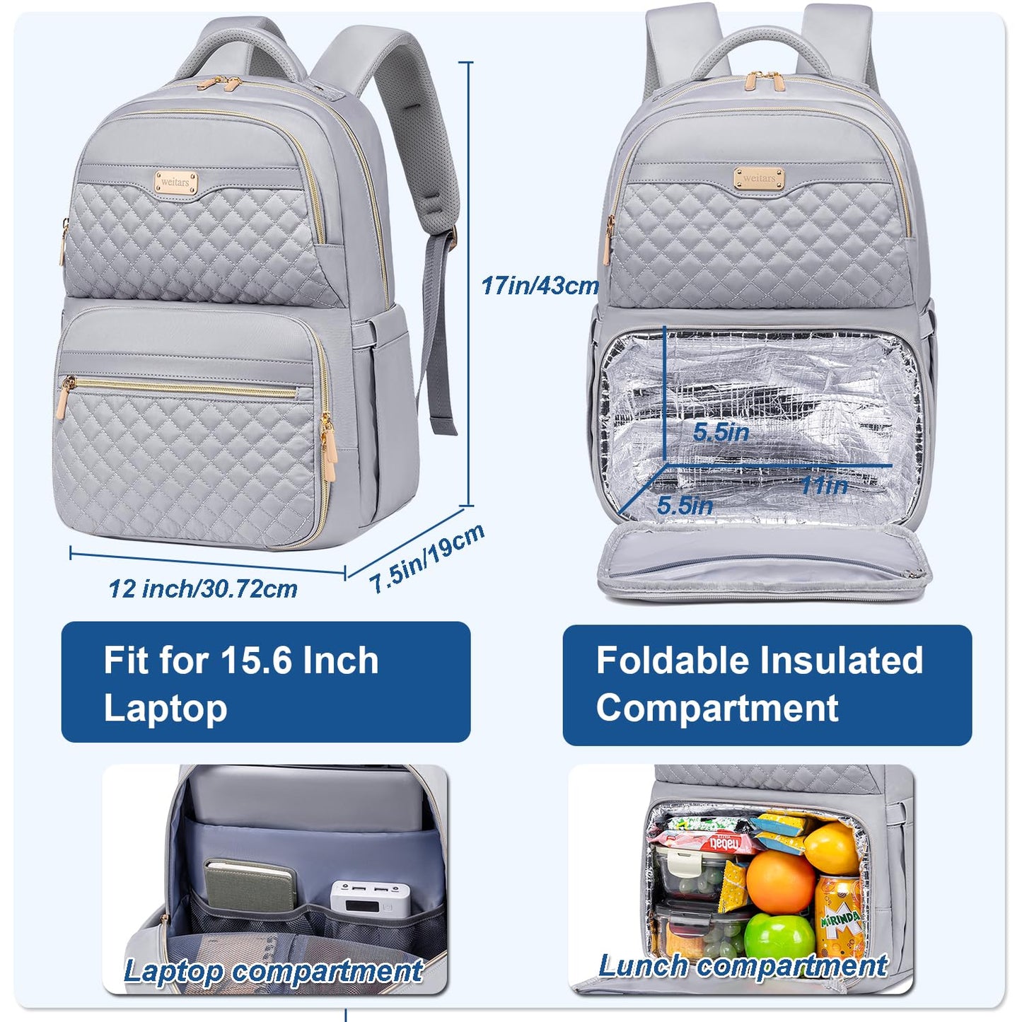 Weitars Lunch Backpack, Insulated Cooler Backpack 15.6 Inch Laptop Backpack For Women Men,Travel Backpack,Work Backpack, Gray, Large, Leisure