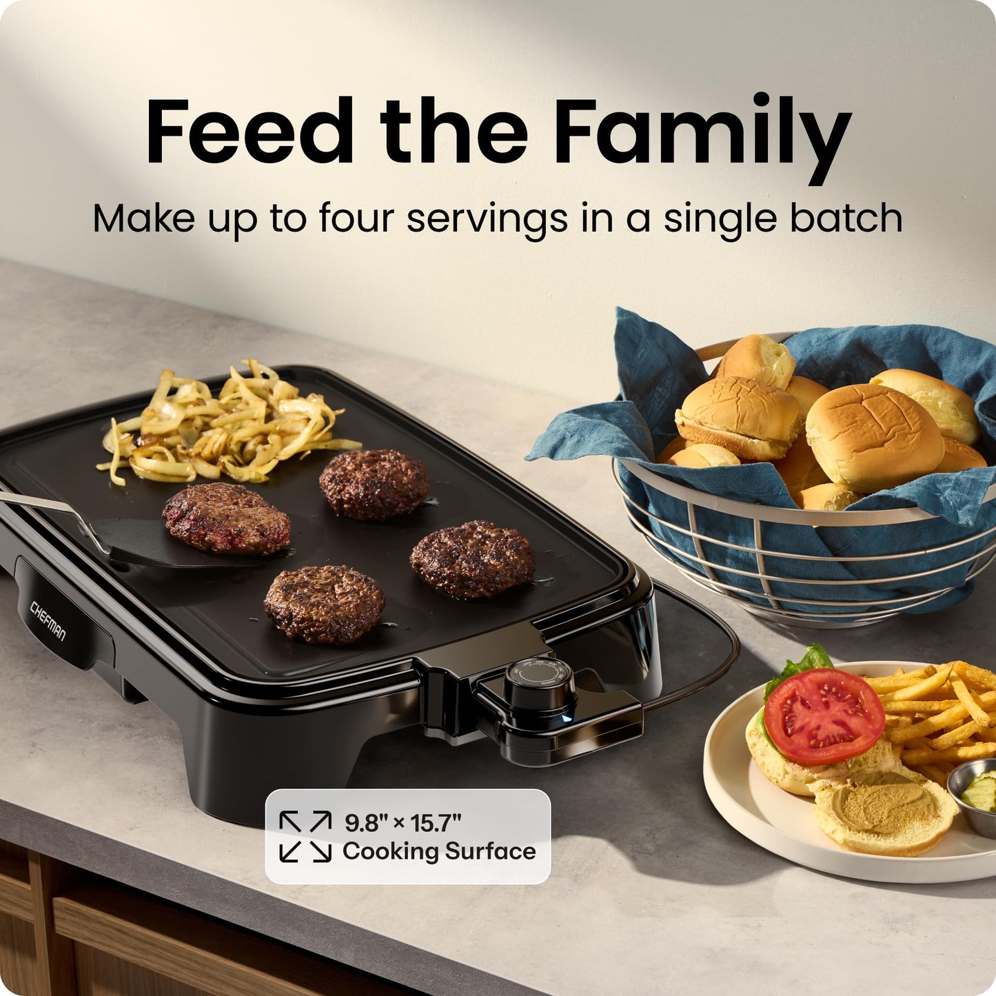 Chefman Electric Griddle with Removable Temperature Control, Immersible Flat Top Grill, Burger, Eggs, Pancake Griddle, Nonstick Easy Clean Cooking Surface, Slide Out Drip Tray, 25 x 40 CM