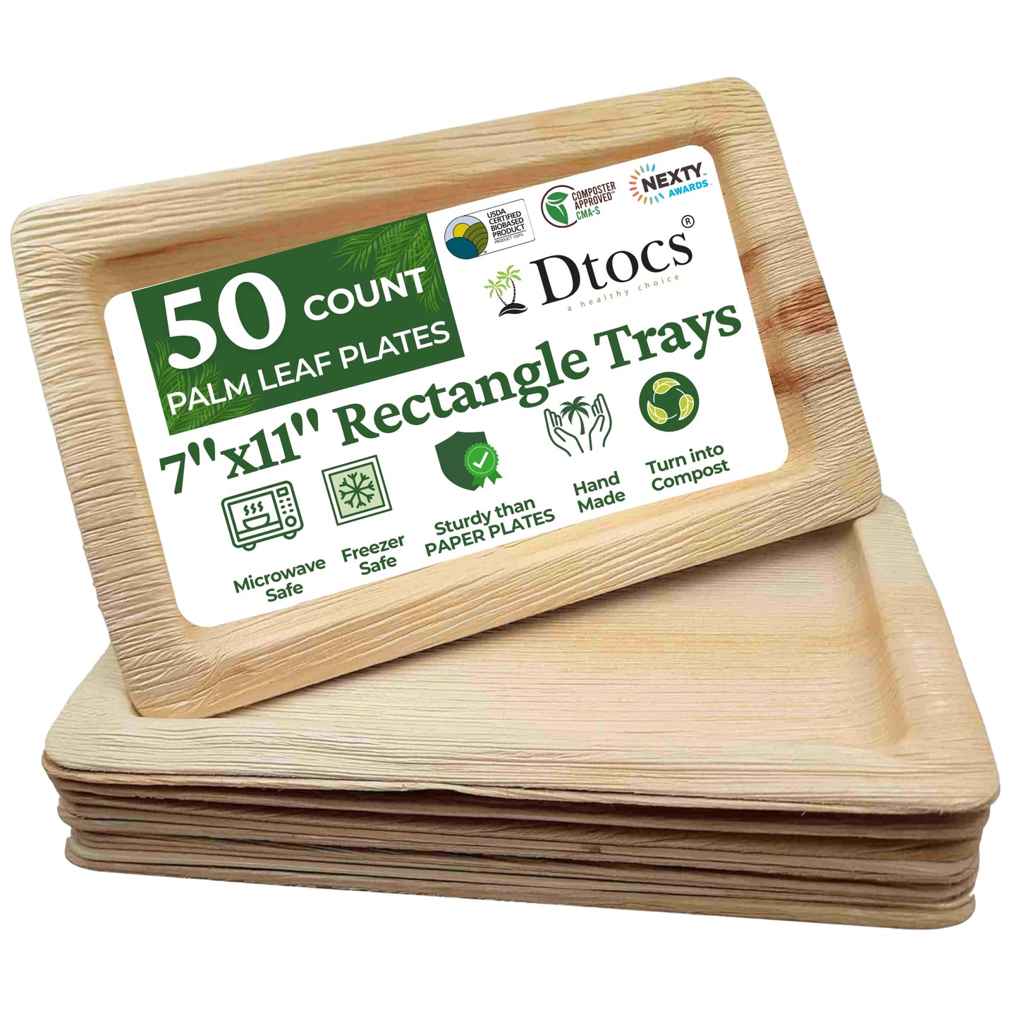 Dtocs Rectangle Disposable Plates 7x11 Inch (50) | Heavy Duty Palm Leaf Plates with Wood Serving Tray Look | Serving Trays, Charcuterie Boards, Appetizers | Alt to Rectangle Paper Plates