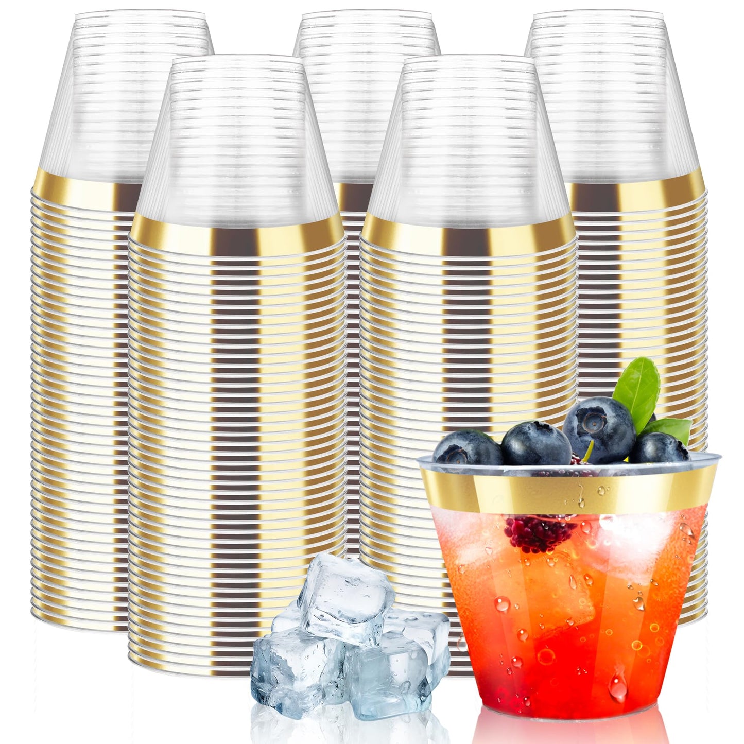 [200 Pack] 9oz Clear Plastic Cups with Gold Rimmed Sturdy & Food Safe Disposable Wine Glasses Party Wedding Cups Disposable Drinking Cups Plastic Cocktail Glasses for Wine, Juice & Cold Beverages