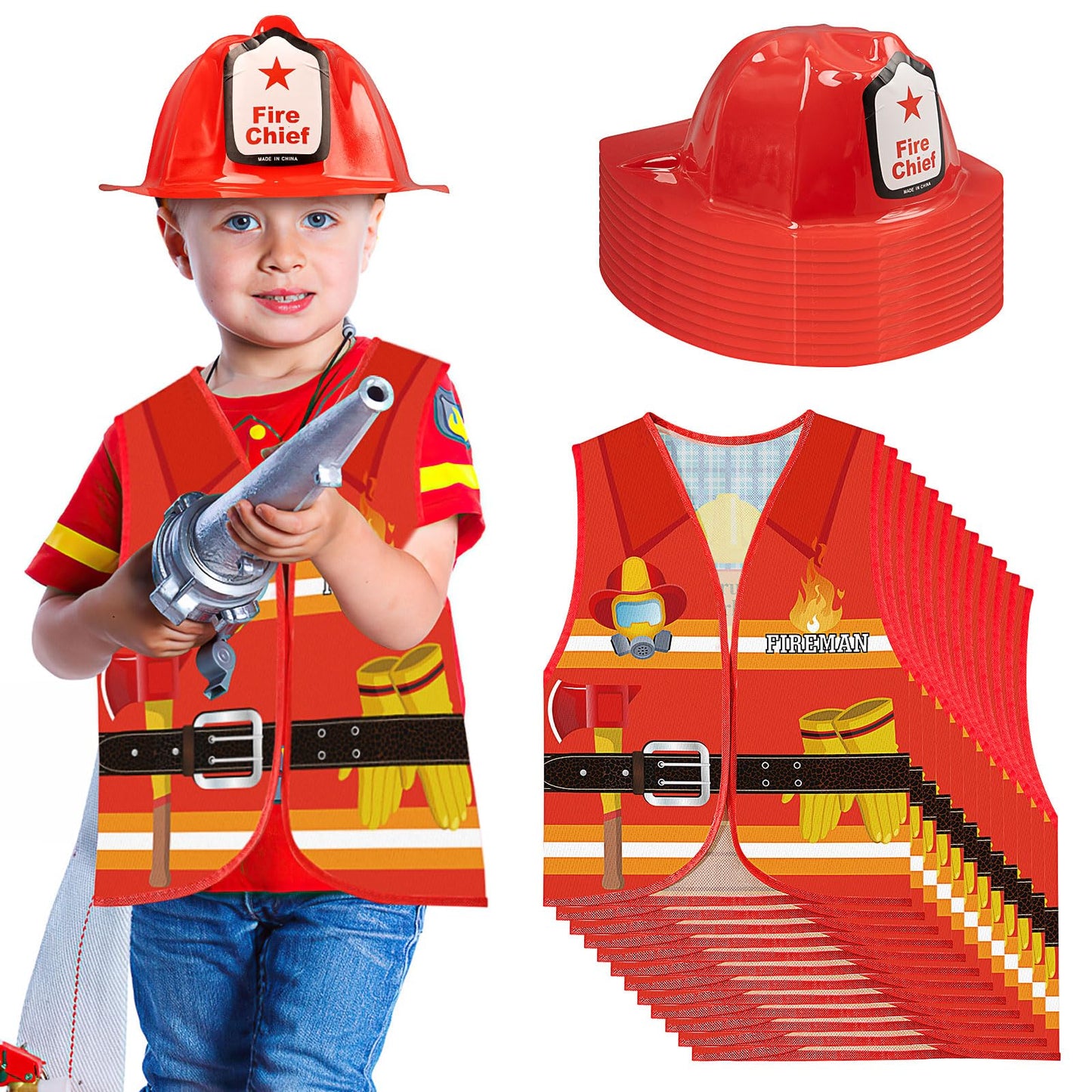 24 Pcs Fireman Costume Set for Kids, Fireman Role Play Party Supplies for Kid Birthday Halloween Role Play Party Dress
