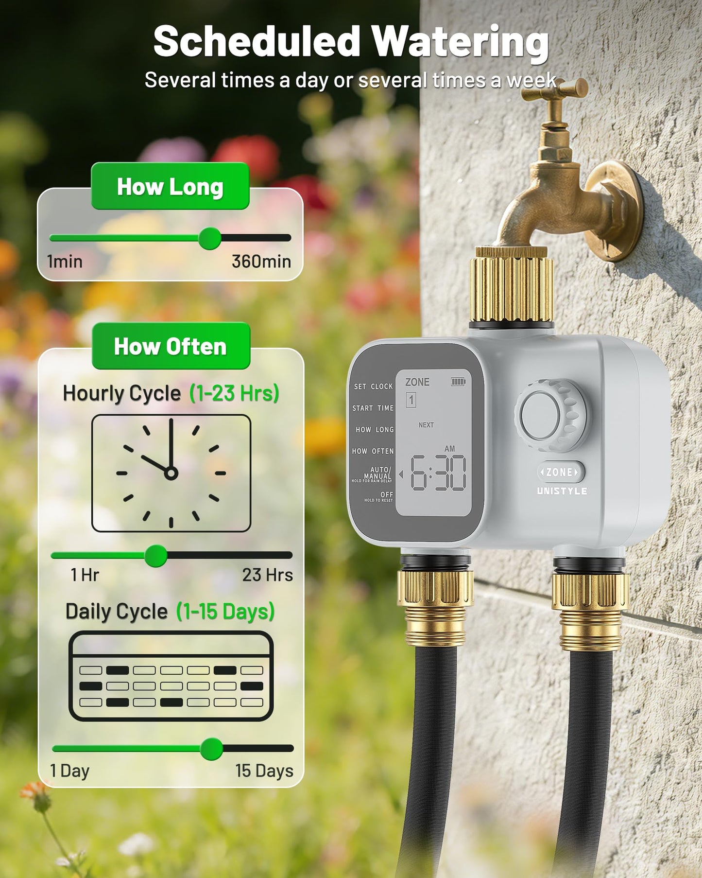 2027 New Upgrade Sprinkler Timer 2 Zone with Brass Inlet, Unistyle Water Timer for Garden Hose with Rain Delay and Manual Water/Automatic Irrigation, Hose Timers for Yard and Lawn Patio