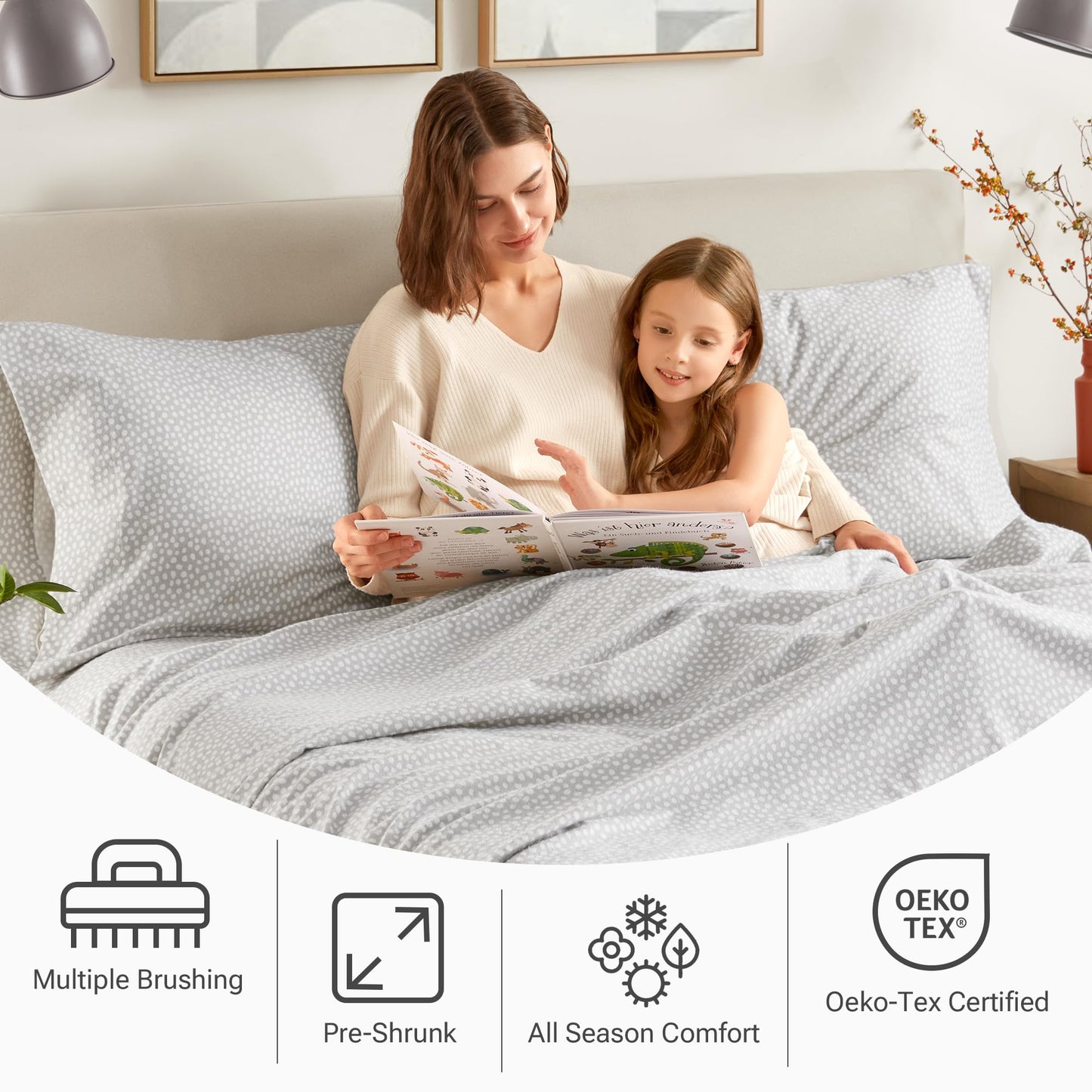 True North by Sleep Philosophy Flannel Sheets Queen Size, Cozy 100% Cotton Flannel Bed Sheets, Ultra Soft Cute Sheet Set, Novelty Print Themed Cold Weather Warm Bedding Set, Grey Dots 4 Piece
