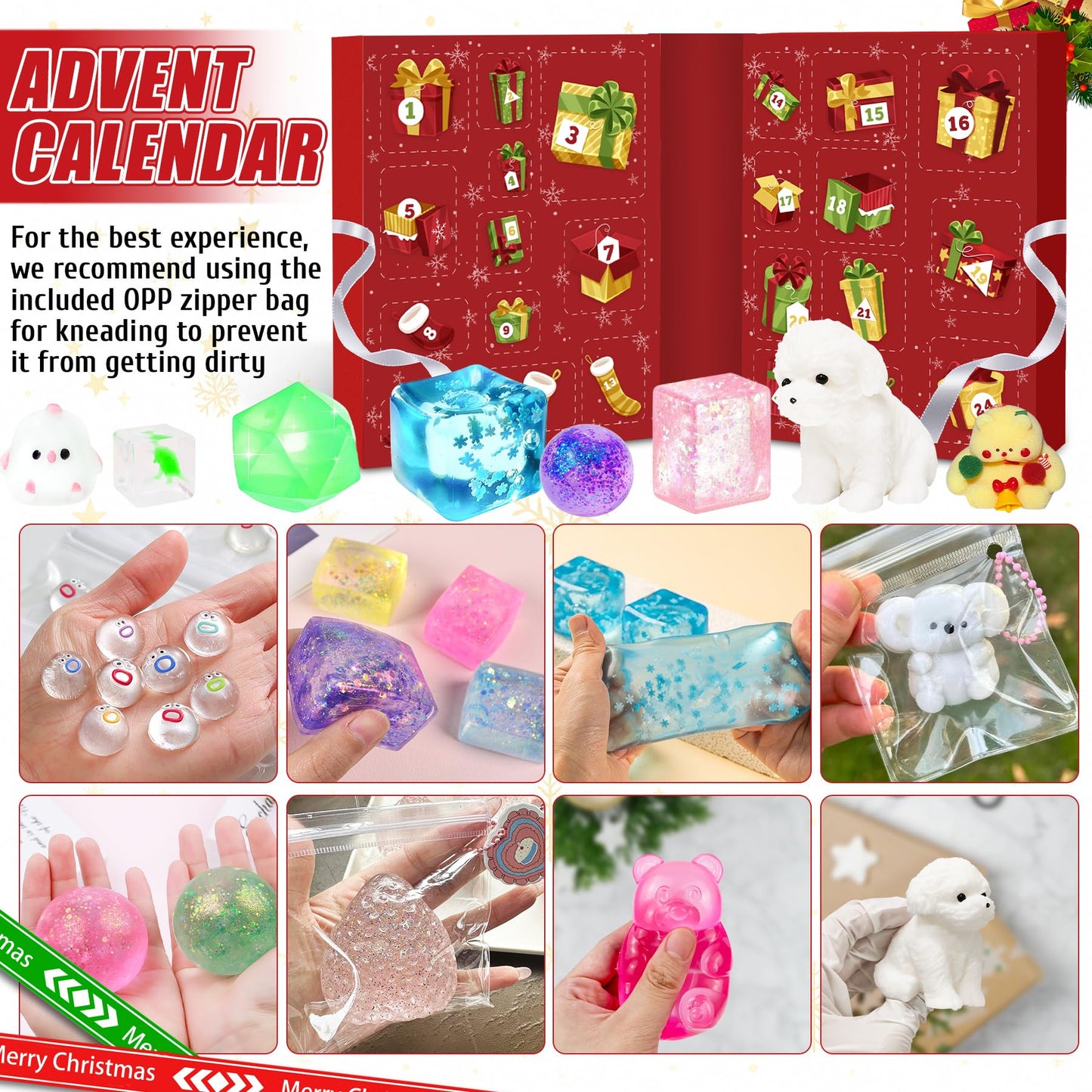 Advent Calendar 2025, 24 Days of Christmas Countdown Calendar for 24 Kawaii Squishies Toys, Surprises Sensory Fidget Toys for Kids & Adult, Christmas Party Favors Gift