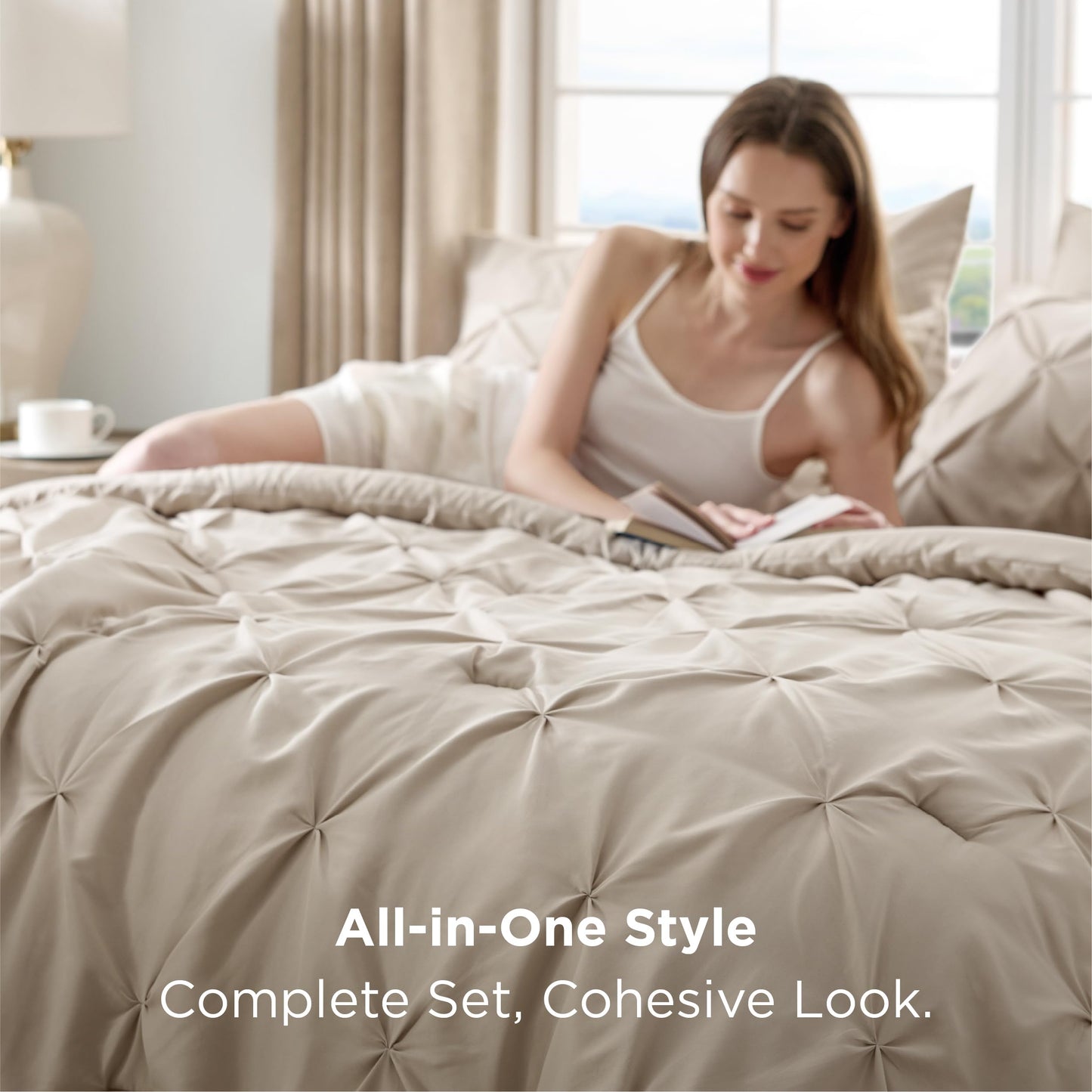 Bedsure Queen Comforter Set Beige - 7 Pieces Bed in a Bag Queen Size, GentleSoft™ Pintuck Bed Set Gift for Family, Pinch Pleat All Season Comforter with Sheets, Pillowcases & Shams