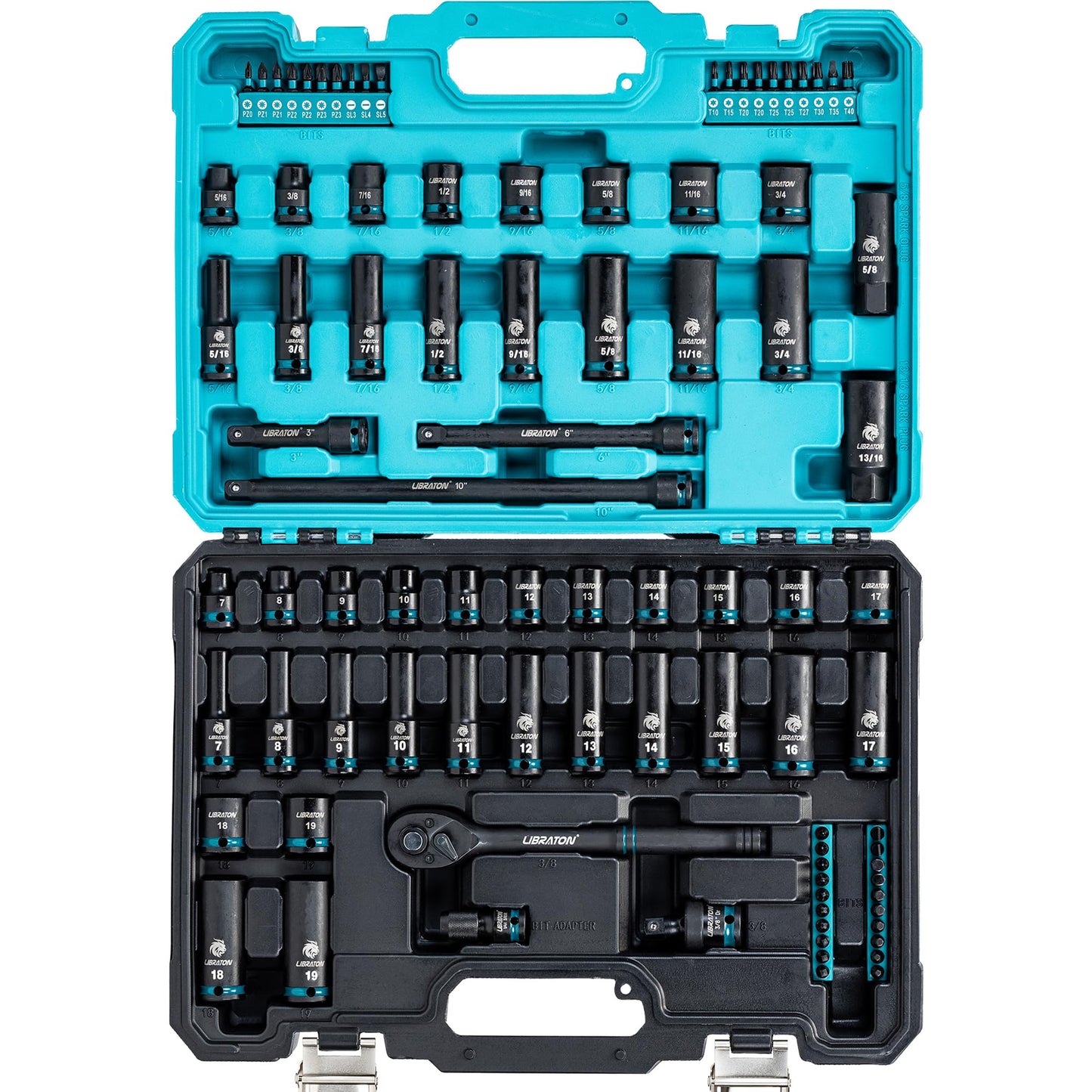 LIBRATON 3/8" Drive Impact Socket Set, 90PCS SAE & Metric Cr-V Deep & Shallow Impact Driver Sockets with Extension Bars, Ratchet Handle, Screwdriver Bits, Spark Plug Sockets, Adapter, Universal Joint