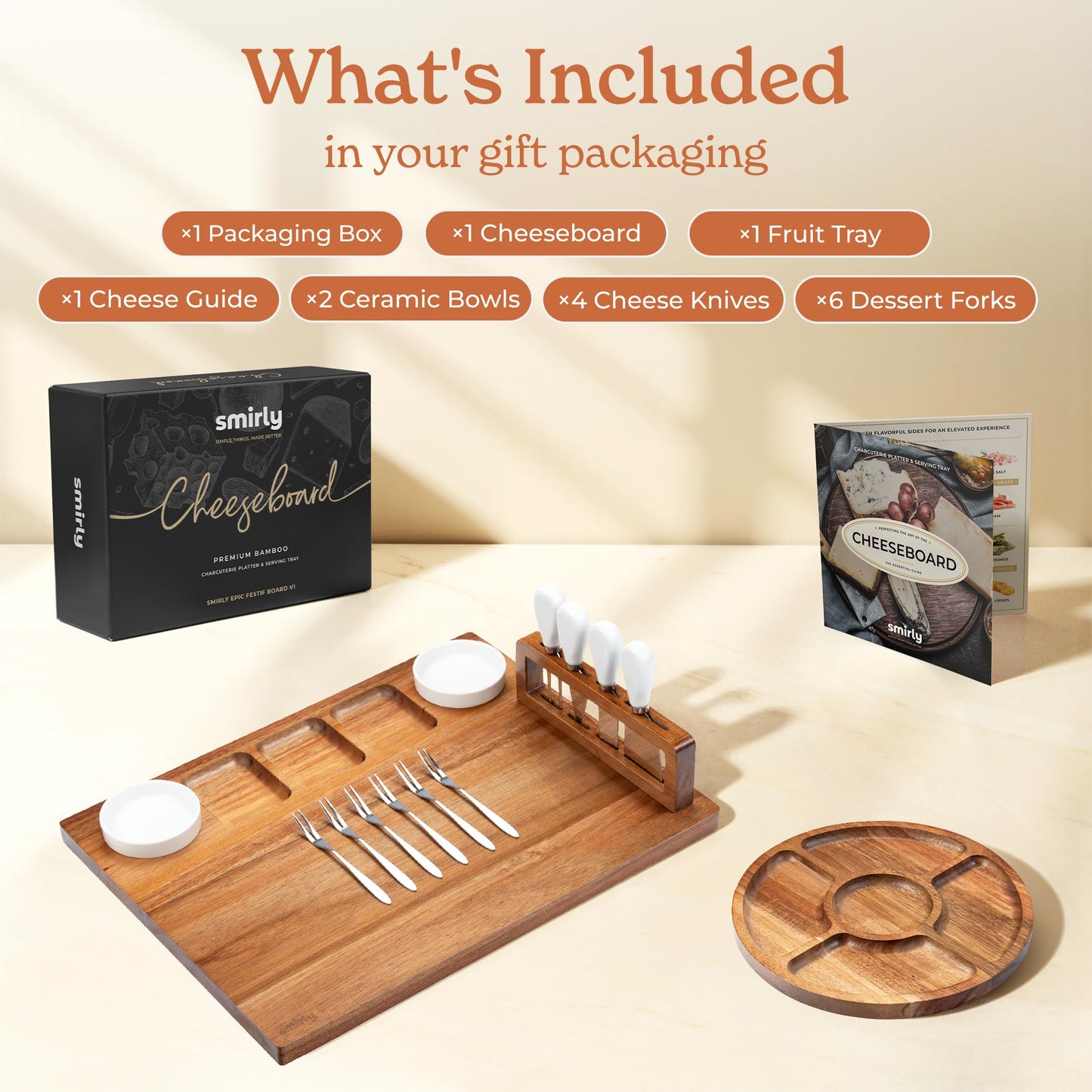 Smirly Charcuterie Board Set - Large Bamboo Cheese Board for Serving - House Warming Gifts New Home, Wedding & Bridal Shower Gift, Birthday Gift for Women