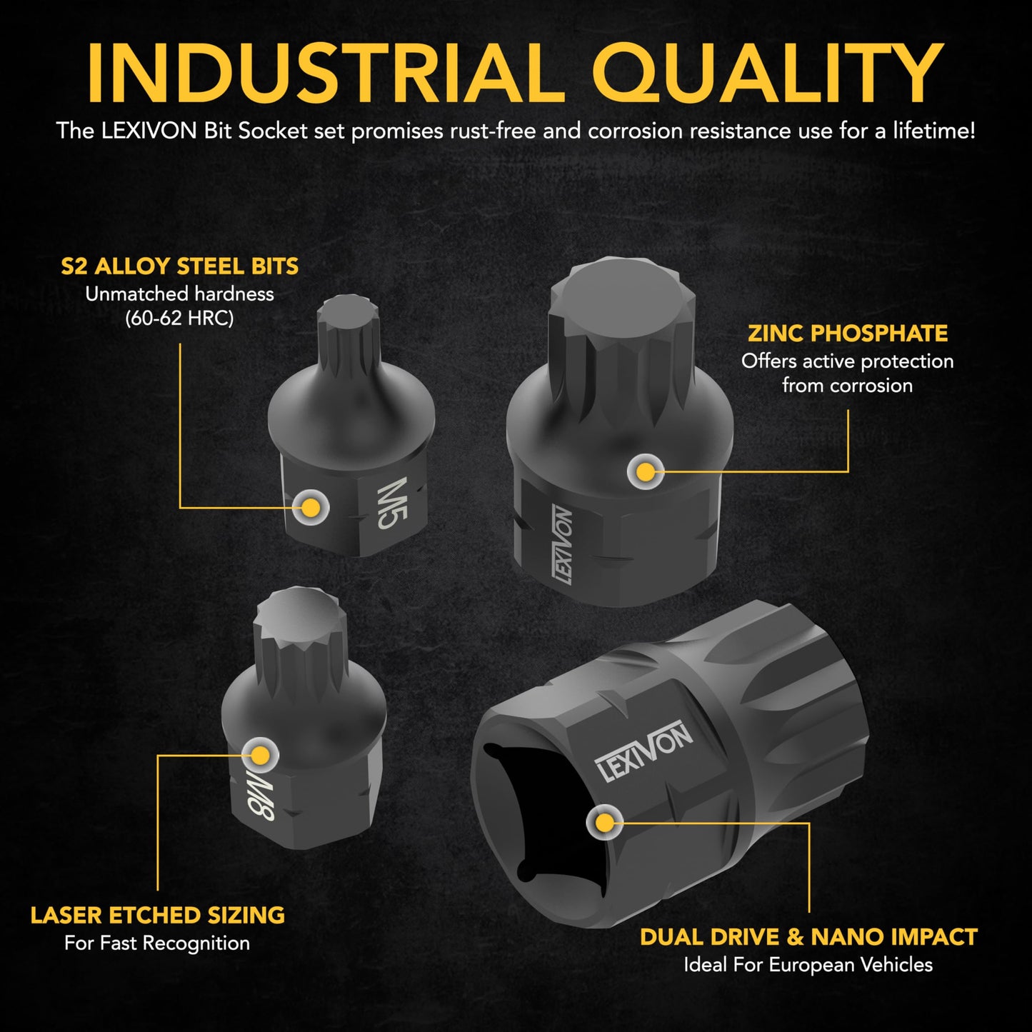 LEXIVON Triple Square Bit Socket Set, Dual Drive Super Short XZN, Premium S2 Alloy Steel, 8-Piece M4~M16 | Aluminum Storage Rail (LX-145S)