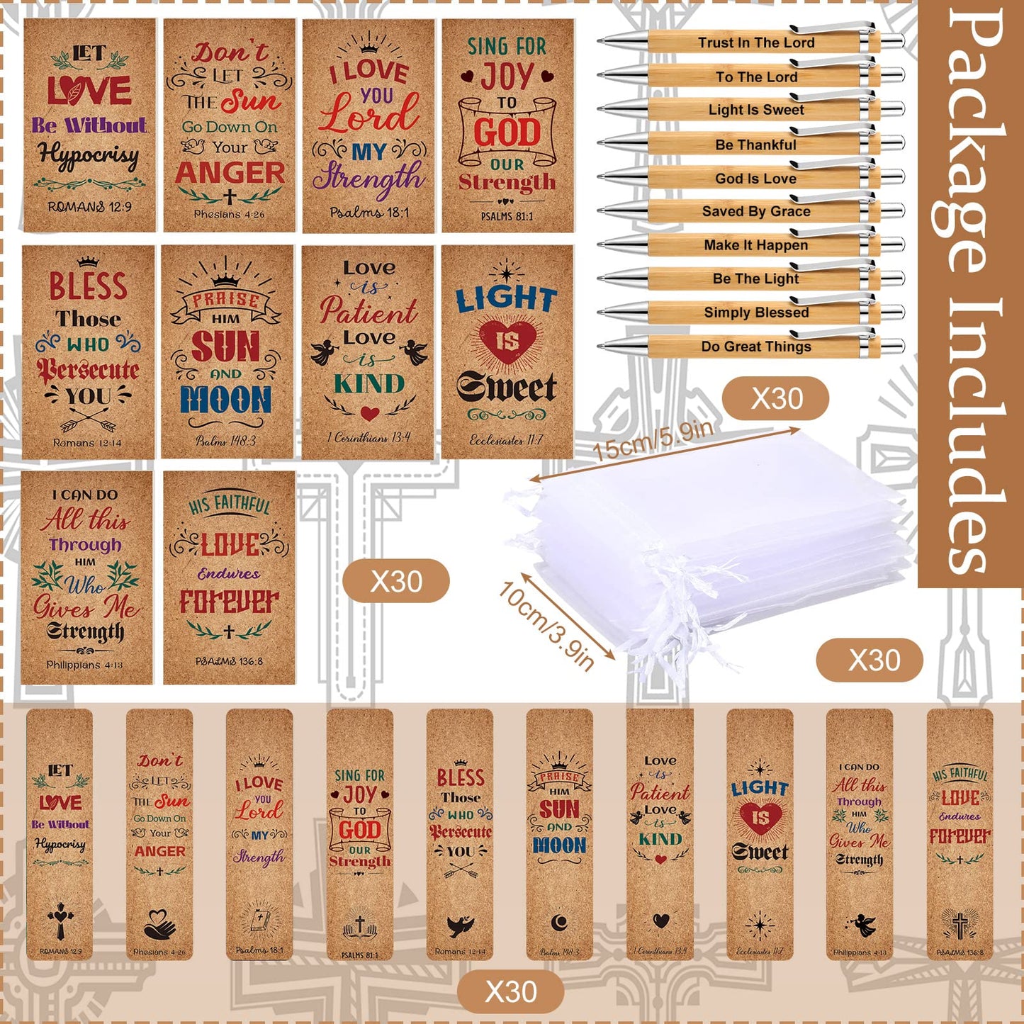 120 Pcs Bible Gifts Set Include 30 Bible Verses Bookmarks Christian Book Markers 30 Scripture Ballpoint Pens 30 Christian Notebooks 30 White Organza Bags for Women Men School Office Church (Simple)