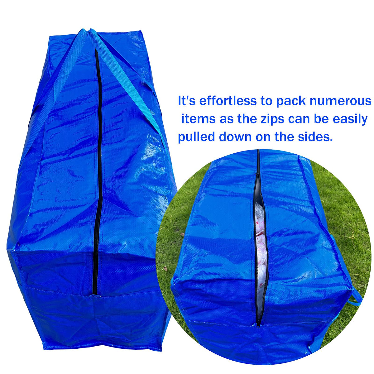 66 Gallon Extra Large Storage Bags, Huge Moving Bags Heavy Duty with Zipper and Stronger Handles, Big Foldable Duffle Bag for Travel, Storage Totes Moving Boxes for College, Christmas Tree,Blue,2 Pack
