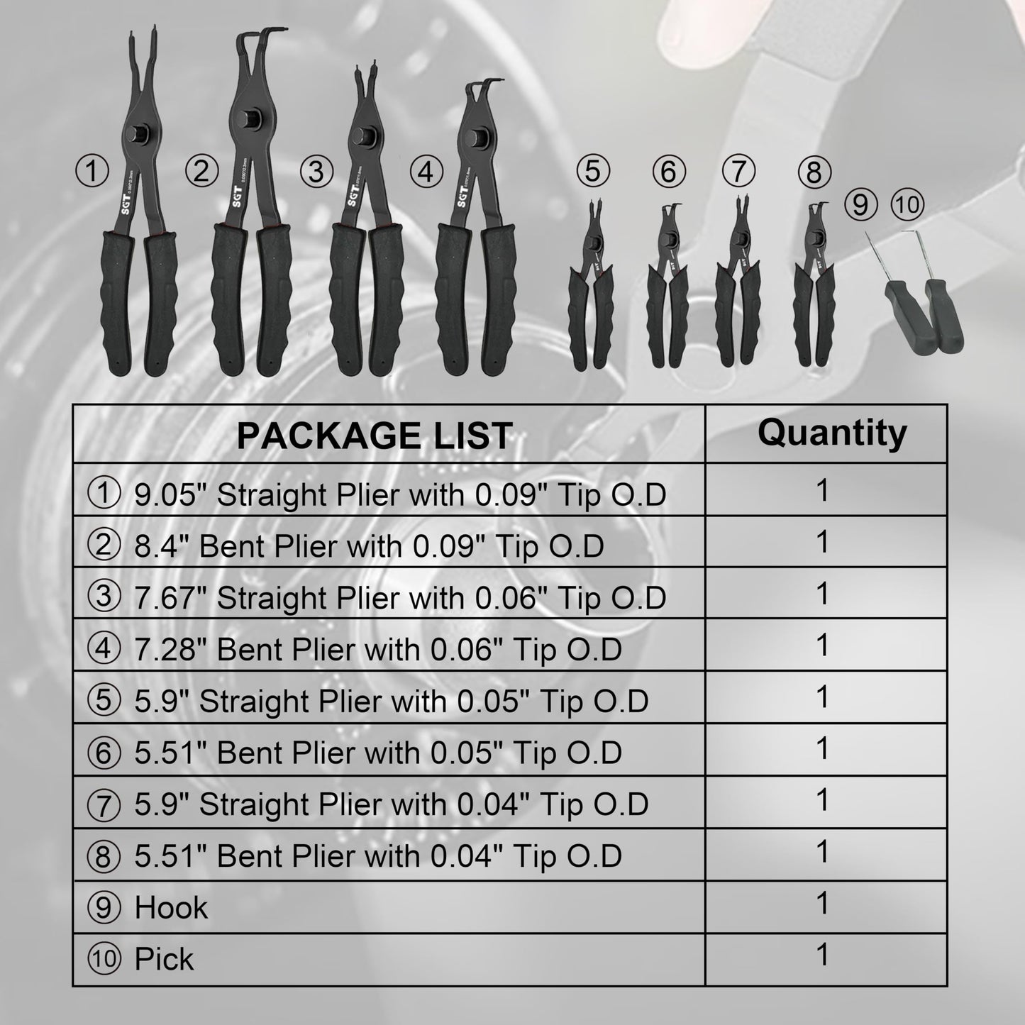 SGT Snap Ring Pliers Set,10 Pcs Internal & External Circlip Pliers with Bent & Straight Pliers,Heavy Duty Removal Tool,Include Hook, Pick,Storage Case and Gloves