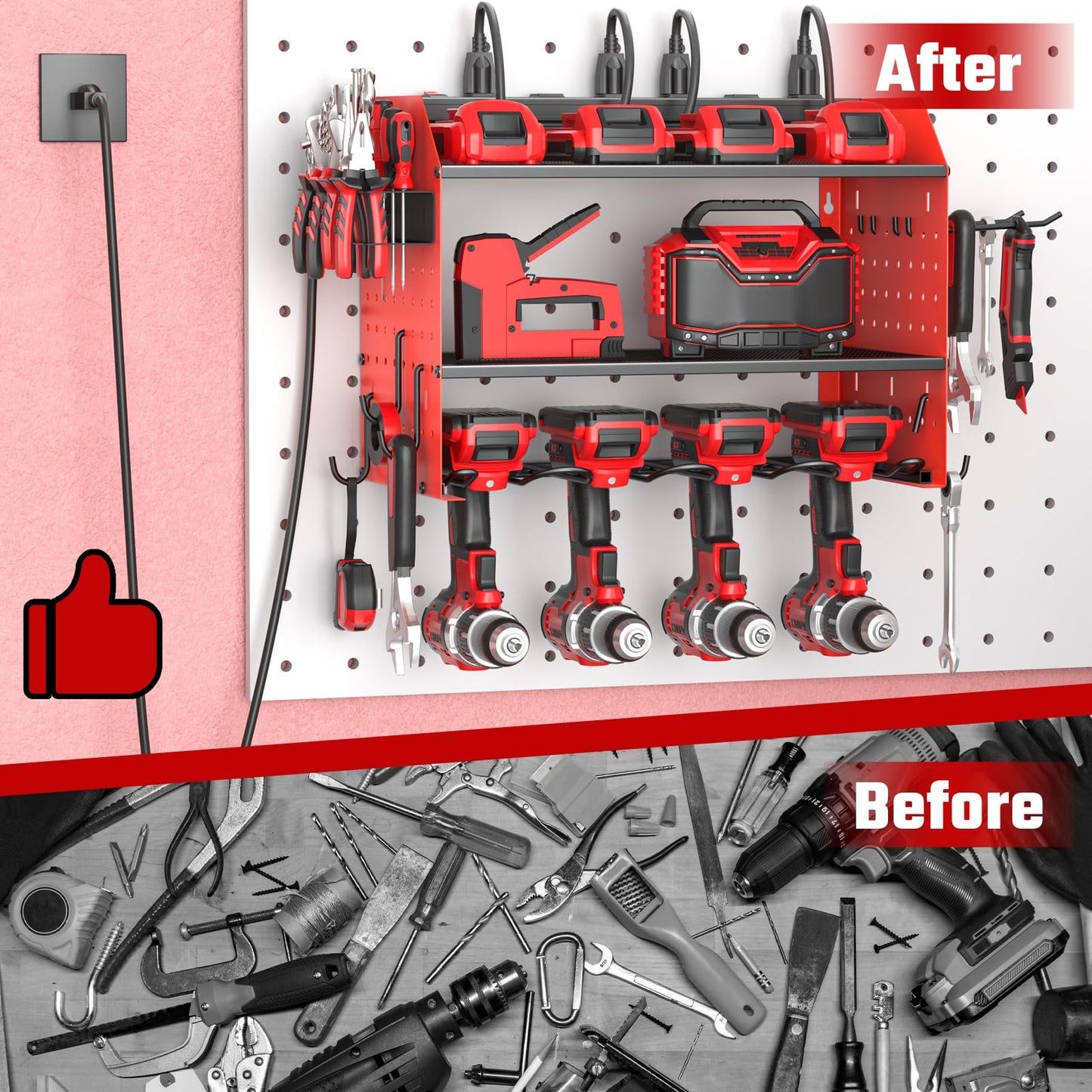 Power Tool Organizer with Charging Station, Heavy Duty 3 Layer Drill Holder Wall Mount Garage Shelf Rack with 6 Outlet Power Strip, Tool Shelf with Hooks, Drill Bit Rack for Garage, Red