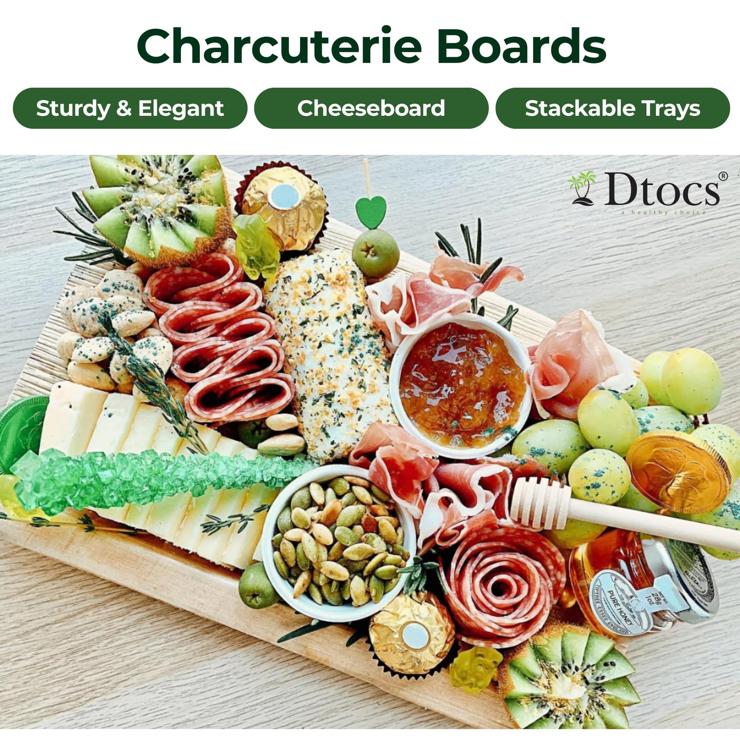 Dtocs Rectangle Disposable Plates 7x11 Inch (50) | Heavy Duty Palm Leaf Plates with Wood Serving Tray Look | Serving Trays, Charcuterie Boards, Appetizers | Alt to Rectangle Paper Plates