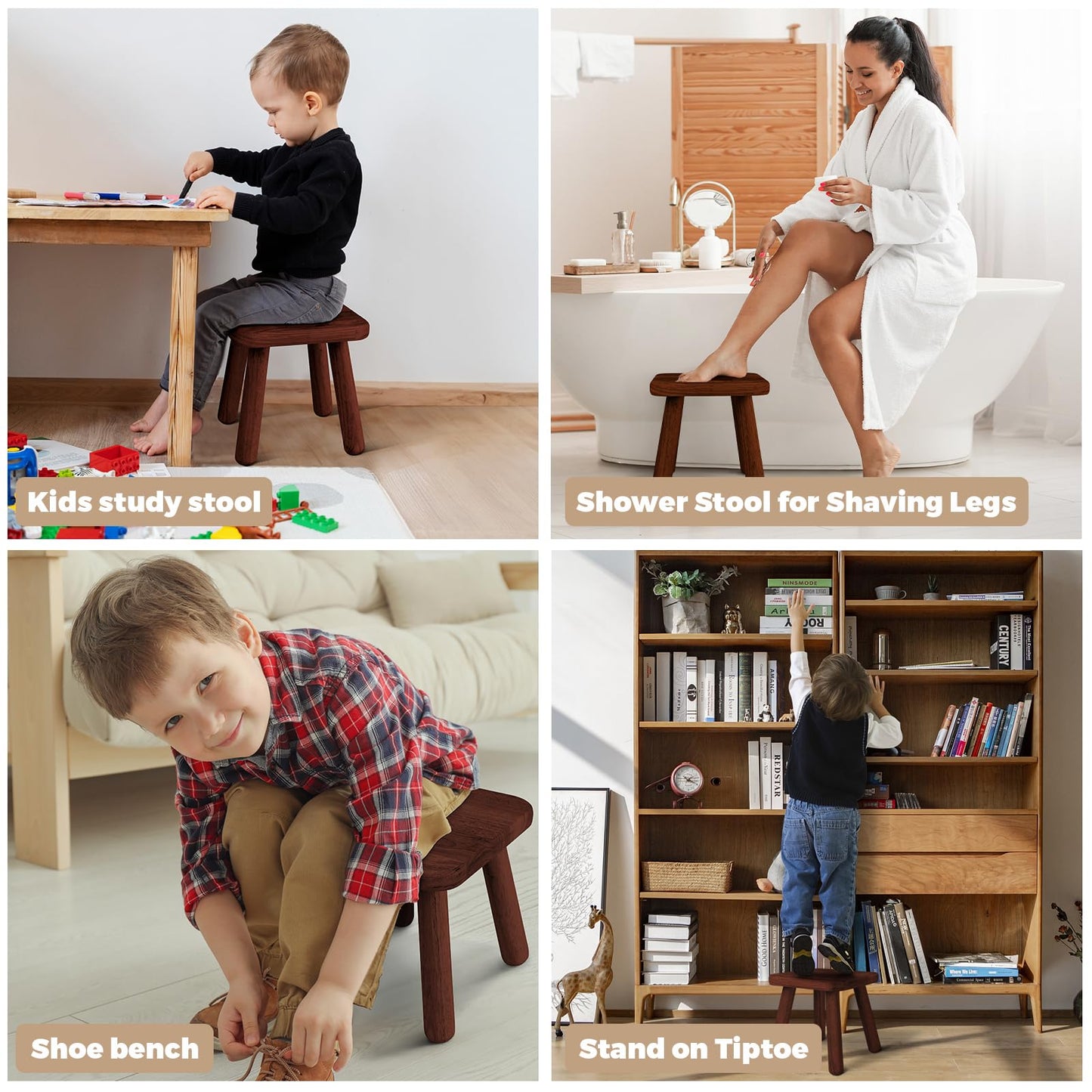 SEEMINES Small Wooden Step Stool,100% Solid Wood Stool with Non-Slip,300lb Load-Bearing Square Step Stool for Bathroom Kitchen Bedroom Living Room Plant Stools (Walnut Color)