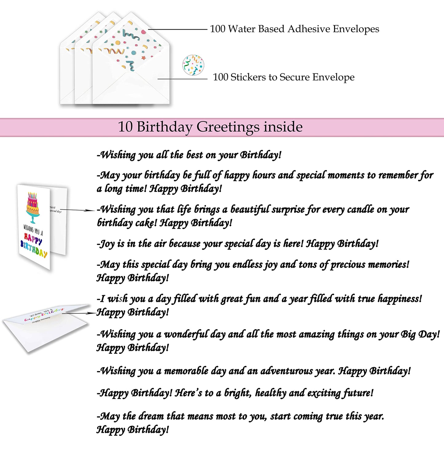 100 Happy Birthday Cards, Large Assorted Greeting Notes with Envelopes and Stickers, 10 Unique Designs, 5x7 Inch, Thick Card Stock Bulk Box Set