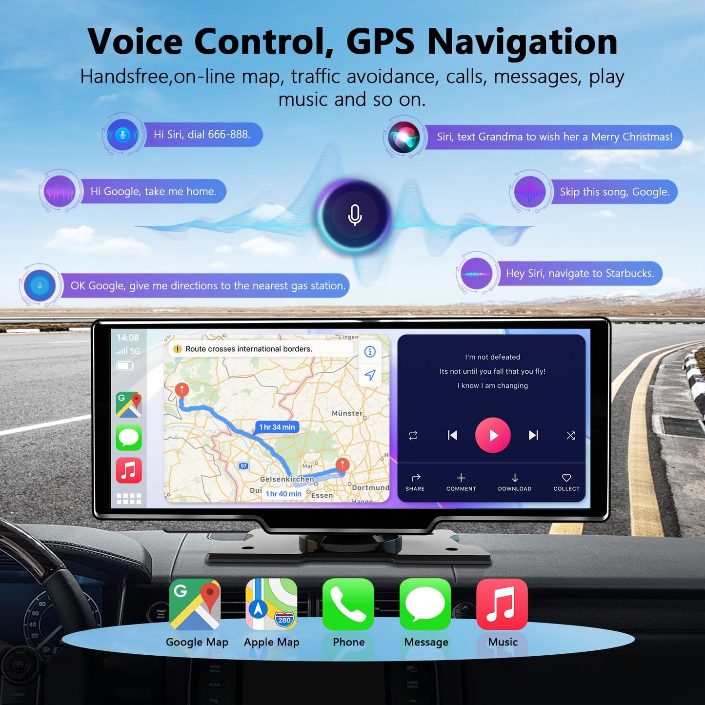 10.26 Inch Wireless Apple Carplay Screen for Car, Bluetooth Car Stereo with Apple Car Play and Android Auto Screen/1080P HD Backup Camera/FM/AUX/Mirror Link/Voice Control/GPS Navigation