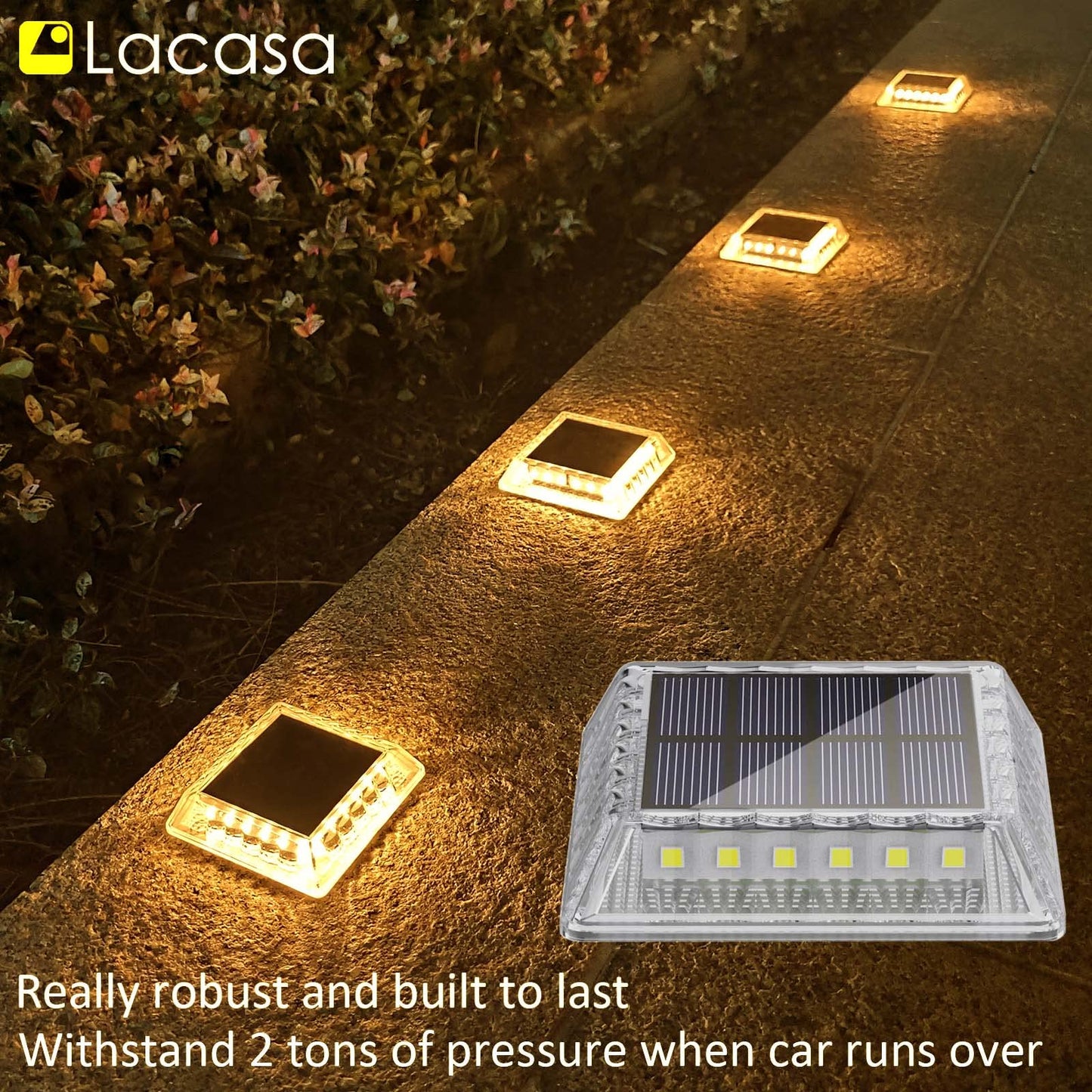 Lacasa Solar Deck Lights, 4 Pack 30LM LED Dock Lights Warm White 2700K, Outdoor Solar Powered Step Lights Light up All Night IP68 Waterproof Auto ON/Off for Garden Stairs Driveway Pathway Lighting