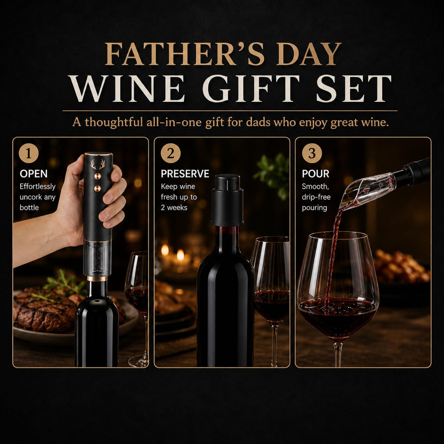 4-in-1 Electric Wine Opener Set – Rechargeable Automatic Corkscrew, Foil Cutter, Aerator & Vacuum Stopper, Wine Accessories Gift Set for Dad, Father’s Day Gifts for Men, Husband, Wine Lovers