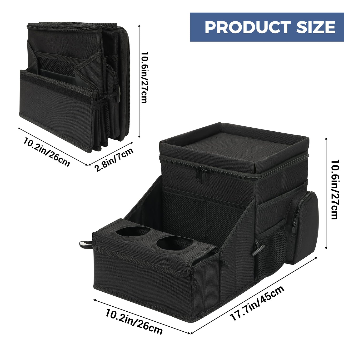 COOLBEBE Car Seat Organizer with Insulation Layer, Backseat Car Cooler Organizer with Cup Holders, Foldable Passenger Seat Organizer for road trip, Storage Box for Front or Middle Seat (Black)
