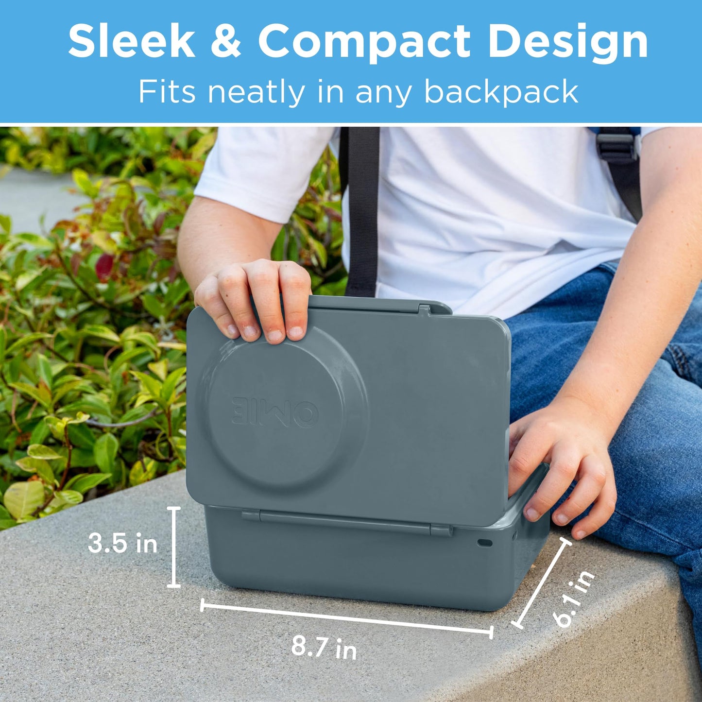 OmieBox UP bento Box for Kids | Insulated Lunch Box | Insulated Food jar | Cooler ice Pack | 2 Compartments (Graphite)