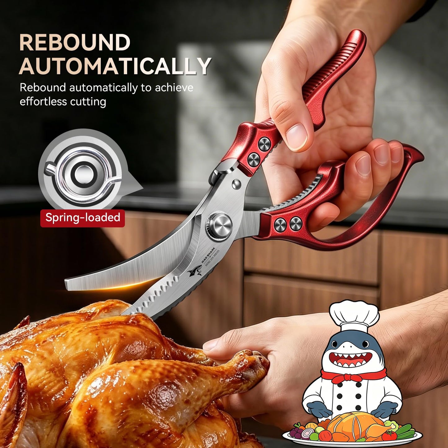 MAD SHARK Heavy Duty Poultry Shears, Kitchen Shears with Non-Slip Handle & Safety Lock, All Purpose Kitchen Scissors for Chicken, Meat Cutting, Turkey, Fish, Vegetables, Spring Loaded (Red)