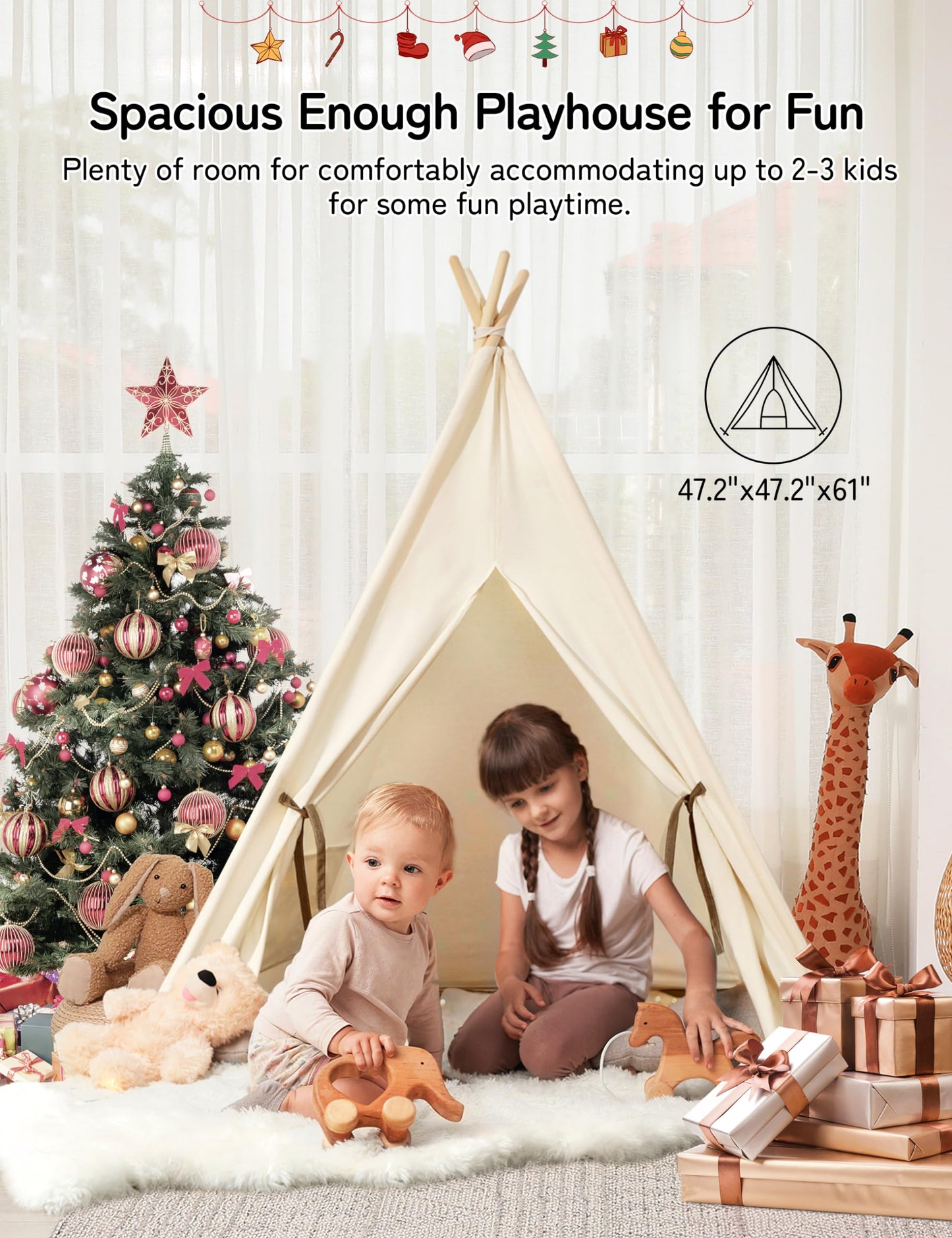 besrey Teepee Tent for Kids with Padded Mat&Light, Kids Tents Indoor Playhouse, Large Kids Tipi Tent, Play Tent for Toddler Boys Girls, Foldable Portable Toddler Reading Tent