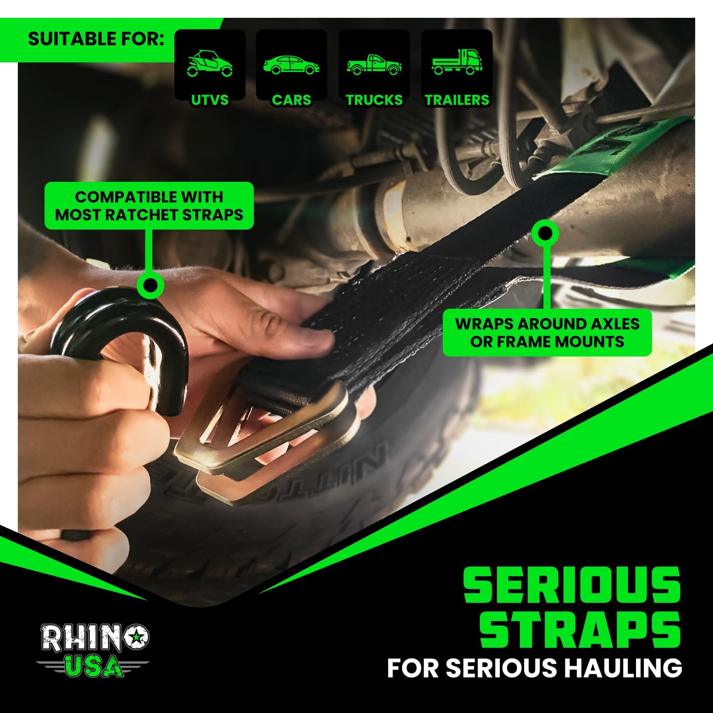 Rhino USA Axle Tie Down Straps - Lab Inspected 11,128lb. Break Strength - Heavy Duty Protective Sleeves & D Rings to Ensure Peace of Mind - Used for Car Engine Hoist, Truck, Trailer, UTV (4-Pack Set)