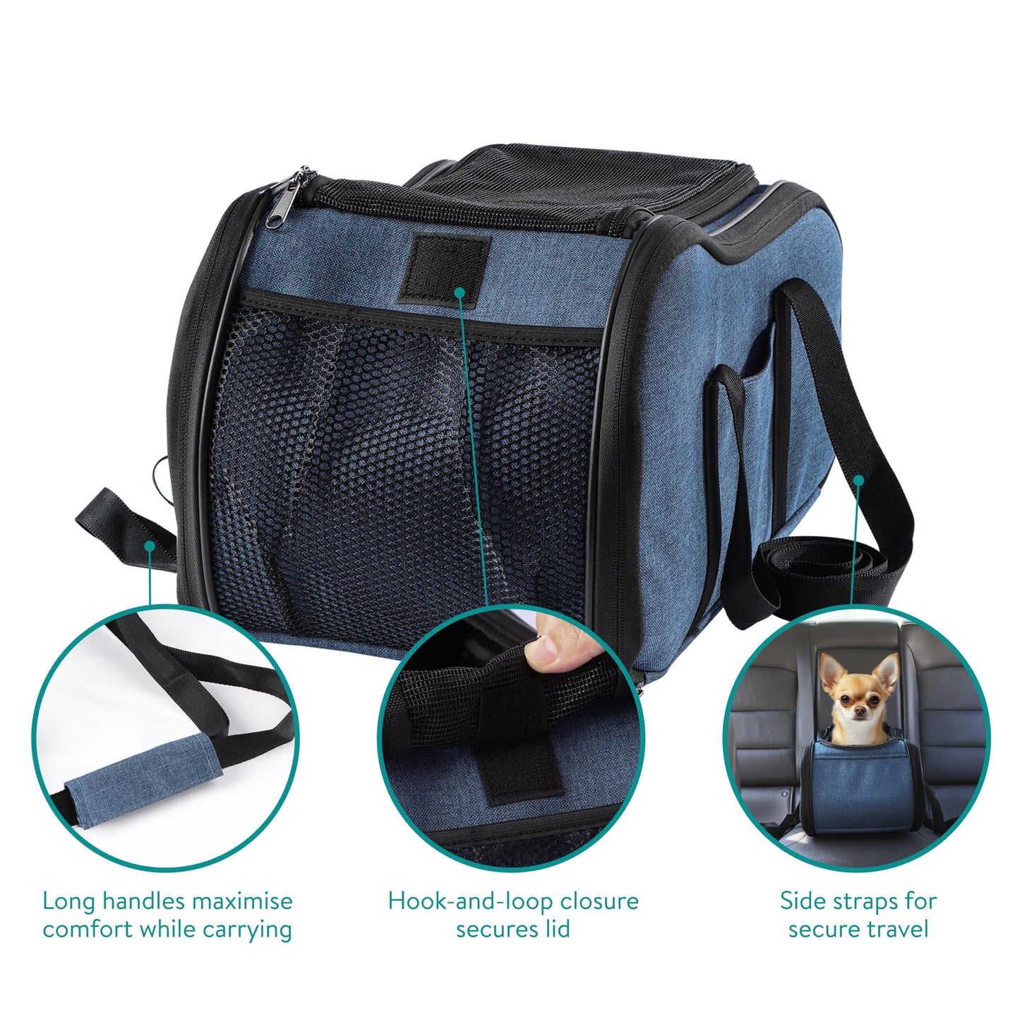 Navaris Dog Car Seat - Secure and Comfortable Pet Carriers for Small Dogs - Centre Console Car Seats - Booster and Bed with Zipper, Leash, and Cushion - Cat, Dog & Puppy Travel Bag