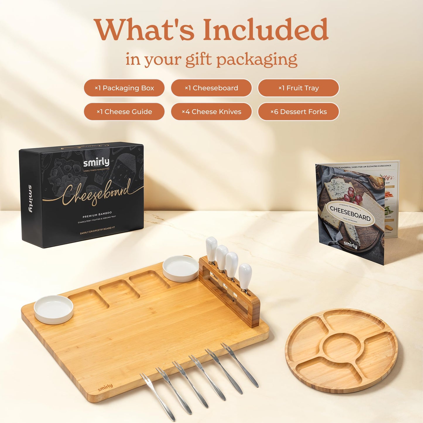 Smirly Charcuterie Board Set - Large Bamboo Cheese Board for Serving - House Warming Gifts New Home, Wedding & Bridal Shower Gift, Birthday Gift for Women