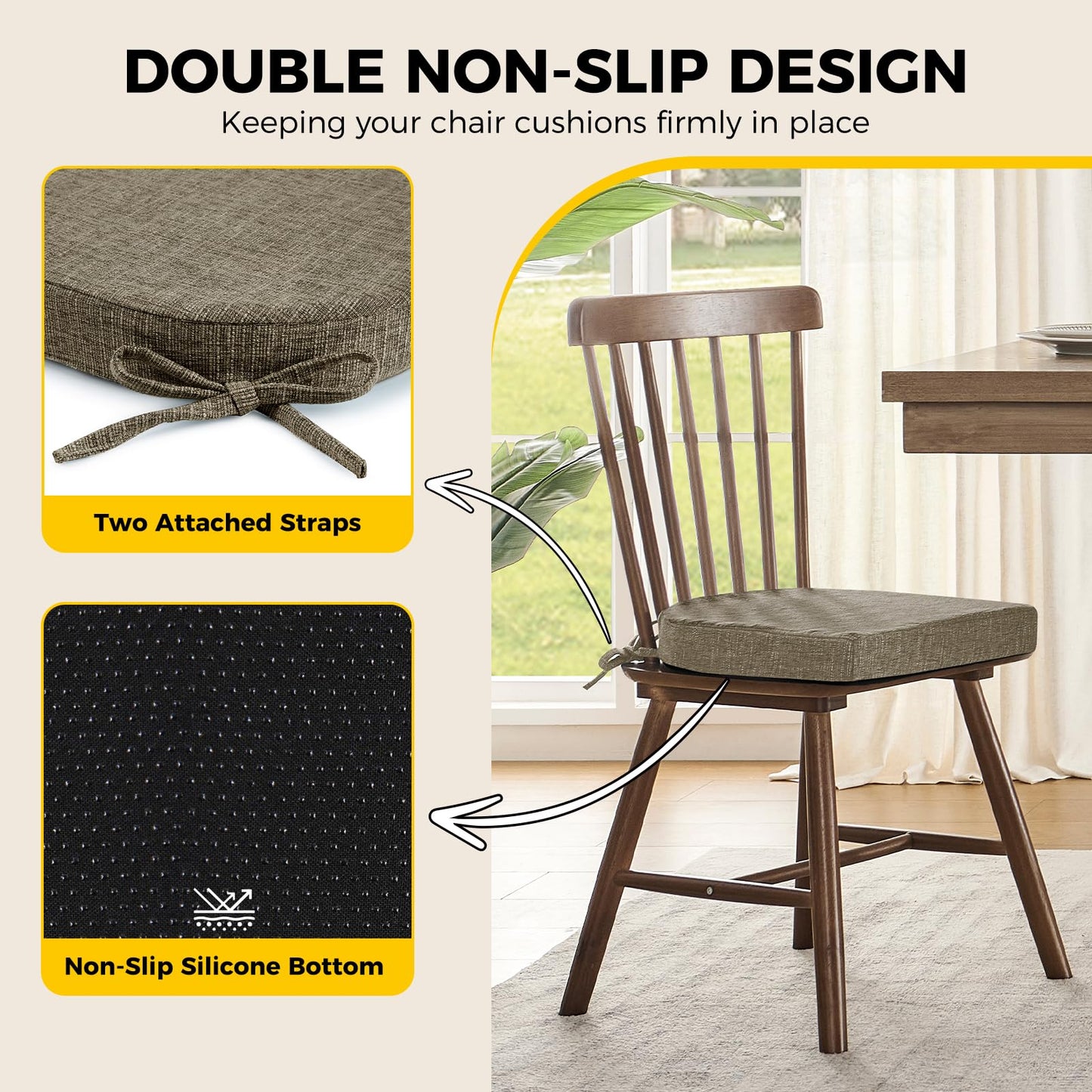 downluxe Indoor Chair Cushions for Dining Chairs, Soft and Comfortable Textured Memory Foam Kitchen Chair Pads with Ties and Non-Slip Backing, 16" x 16" x 2", Khaki, 4 Pack