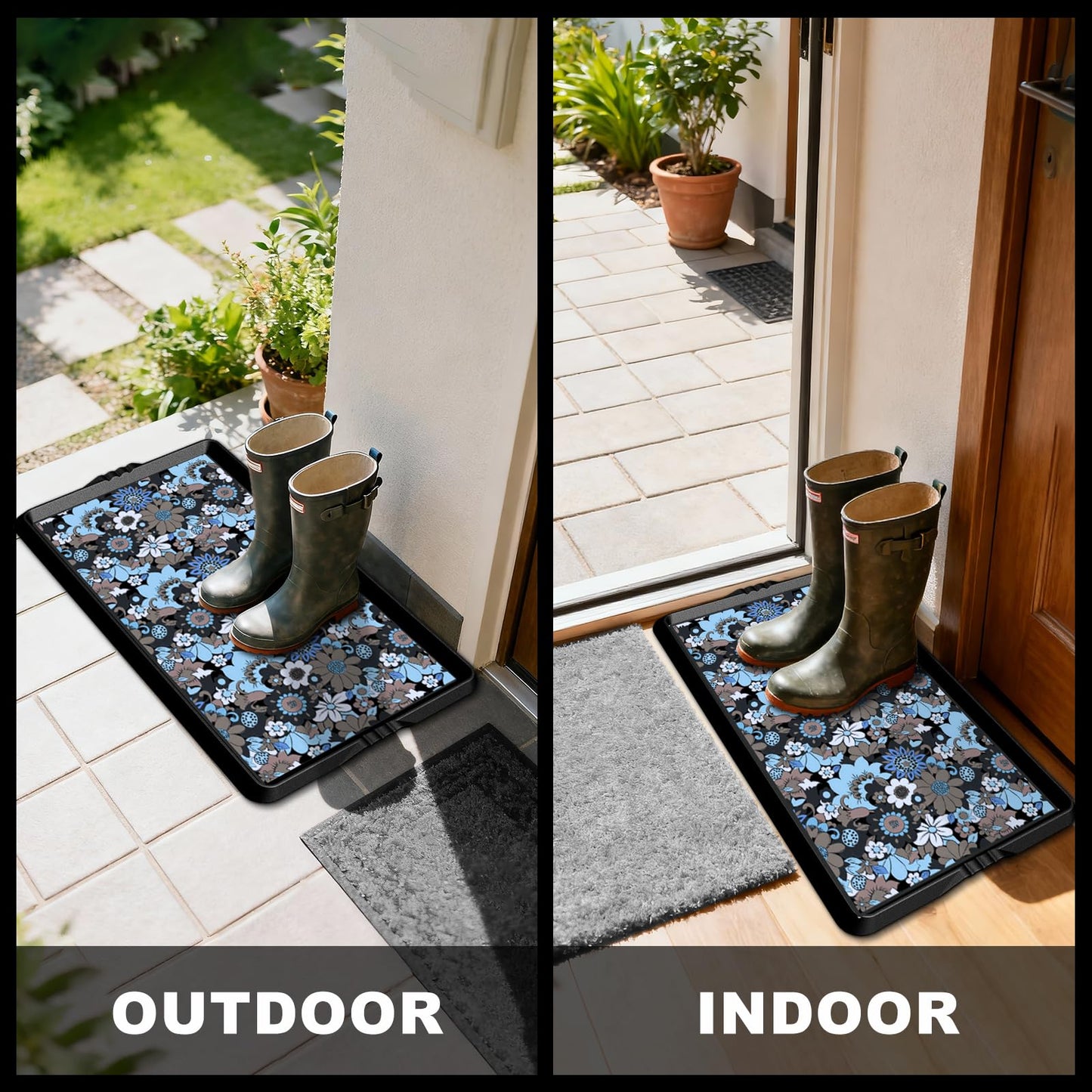 BEHERO Boot Tray Shoe Mat Decorative Patterned, Rubber Shoe Matt Tray Indoor/Outdoor Use, 16" x47.5" Shoe Cleaning Mat Non-Slip, Shoe Storage Waterproof Flower Prints for Entryway, Velvet Bloom