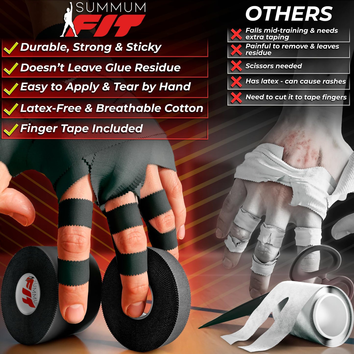 Summum Fit Black Athletic Tape Extremely Strong: 24 Rolls + 6 Finger Roll. Easy to Apply & No Residue. Sports Tape Athletic for Boxing Football Climbing or Gymnastics for Wrist Ankle & Hand Protection