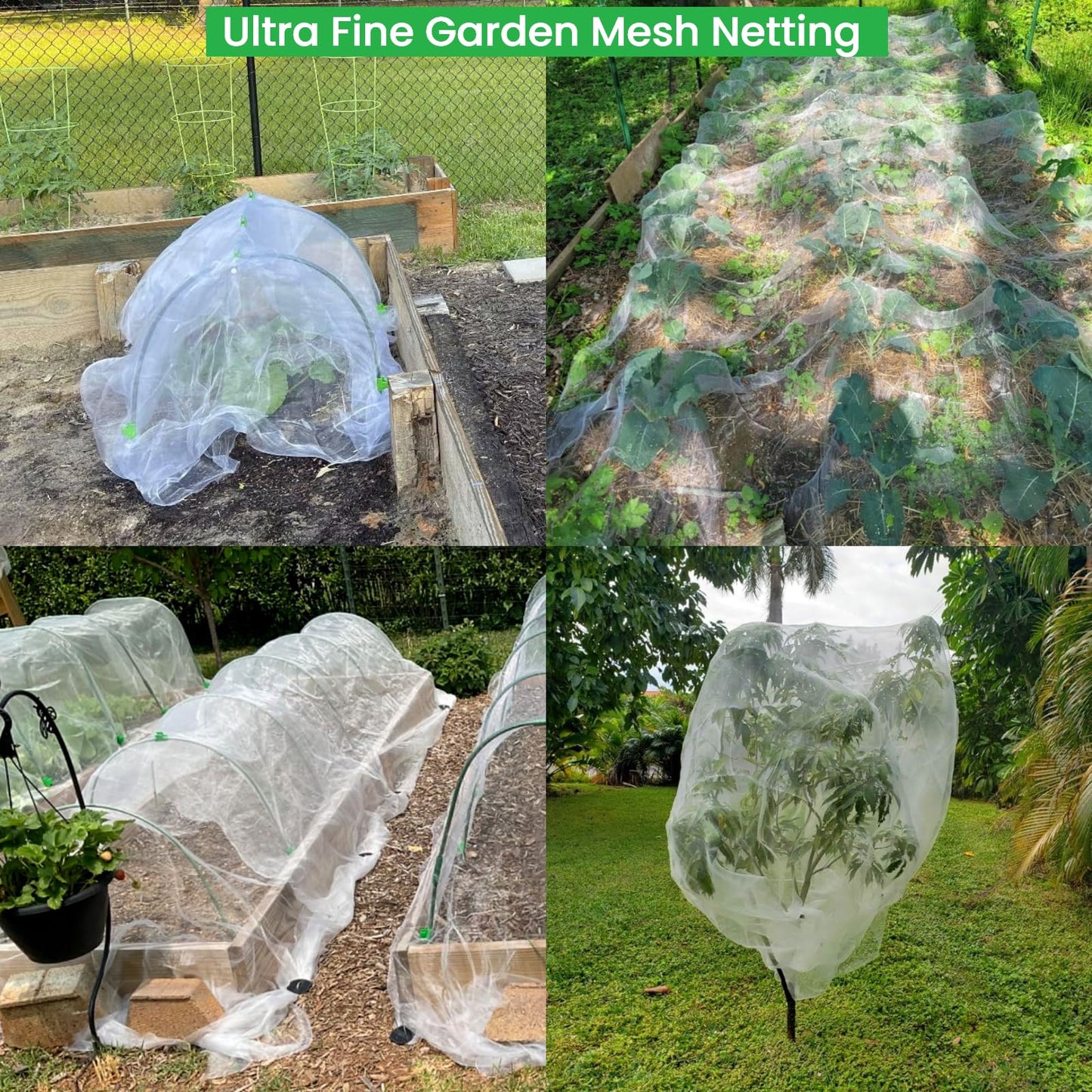 Garden Hoops and Netting for Raised Bed, 10x50ft Ultra Fine Mesh Garden Insect Netting Bug Net Pest Barrier, 36pcs 8ft Greenhouse Grow Tunnel Hoops Frame Bird Mosquito Netting for Garden Protection