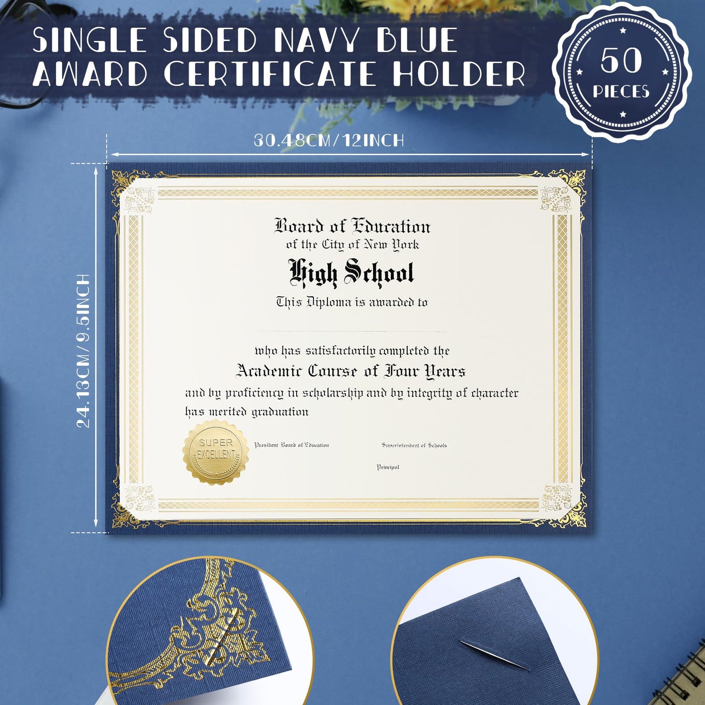 Kosiz 50 Pcs Navy Blue Linen Textured Single Sided Certificate Holders with Gold Foil Border Diploma Cover for 8.5 x 11'' Letter Sized Award Cardstock Graduation Diploma Holder for Competition Supply