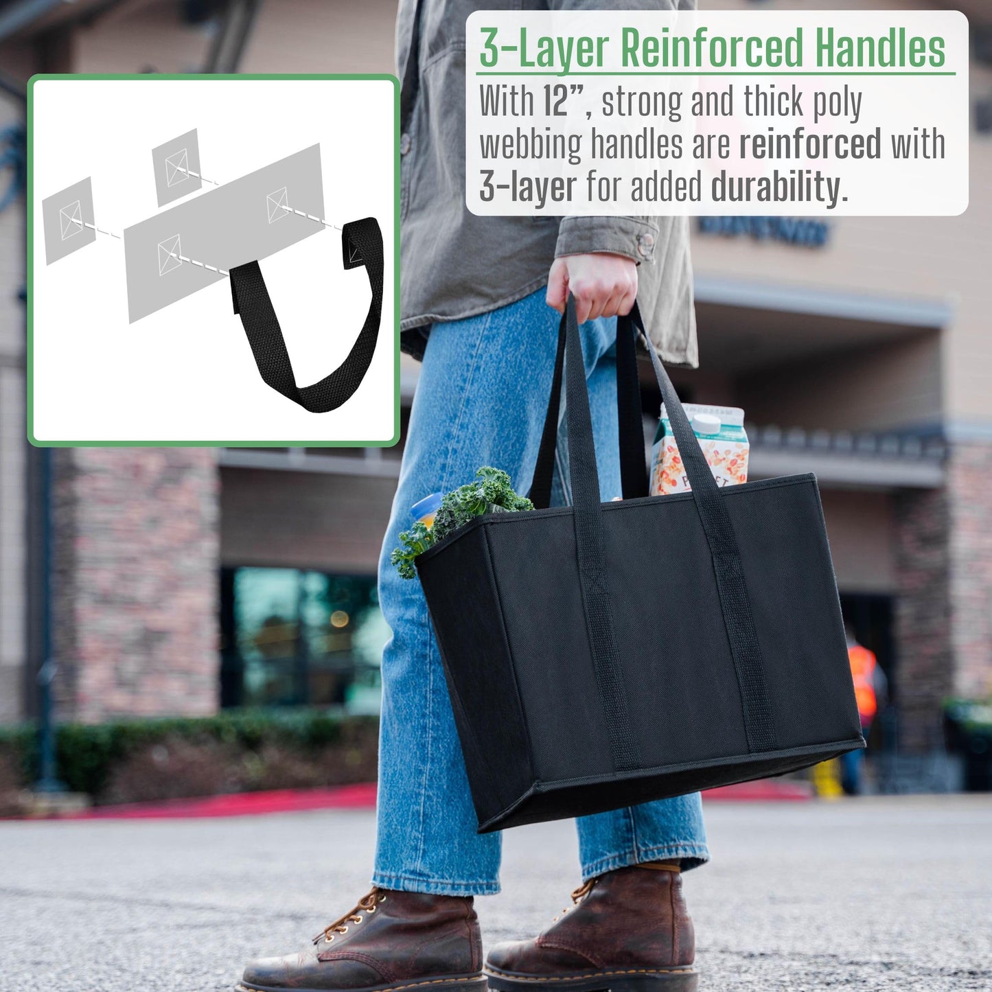VENO 3-Pack Reusable Grocery Bag, Heavy Duty Shopping Bag, Shopping Cart Organizer, Foldable Grocery Tote Bag with Reinforced Hard Bottom