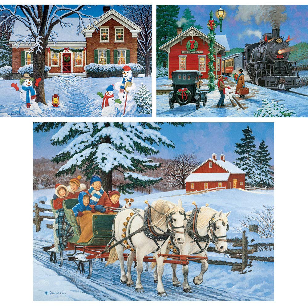 Bits and Pieces - Value Set of Three (3) 500 Piece Jigsaw Puzzles for Adults - Puzzles Measure 18" x 24" (46 cm x 61 cm) – Greeters Family Sleigh Ride Holidays Snowmen Christmas Jigsaws by John Sloane